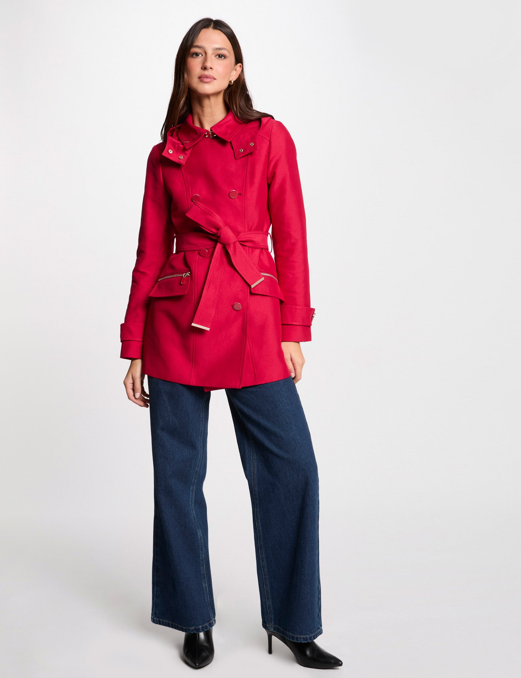 Waisted belted trenchcoat with hood red women