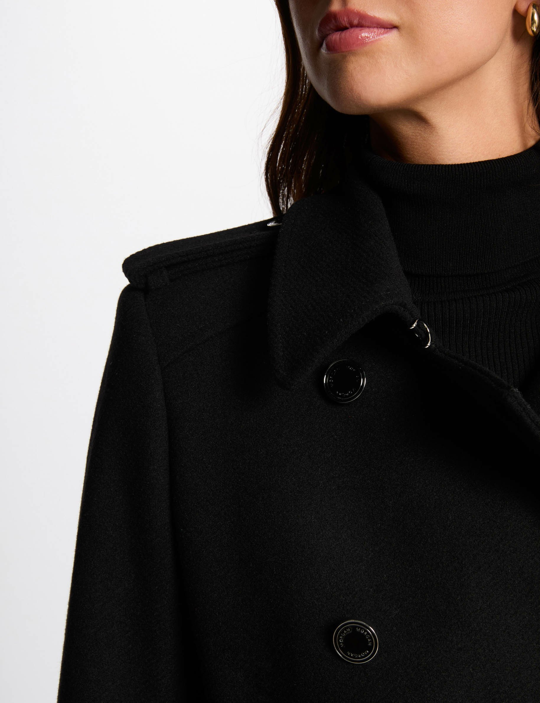 Belted long coat black women