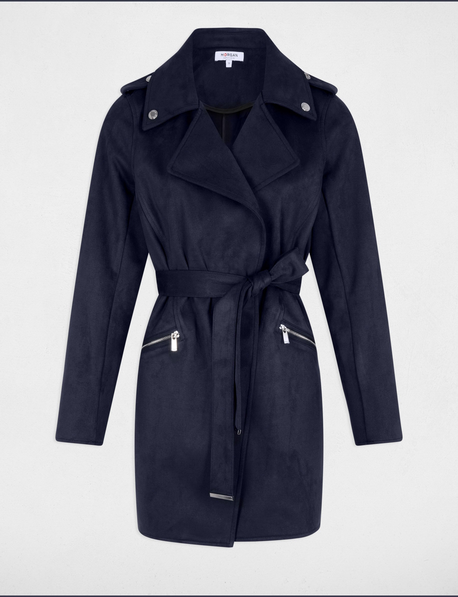 Belted long suede coat navy blue women