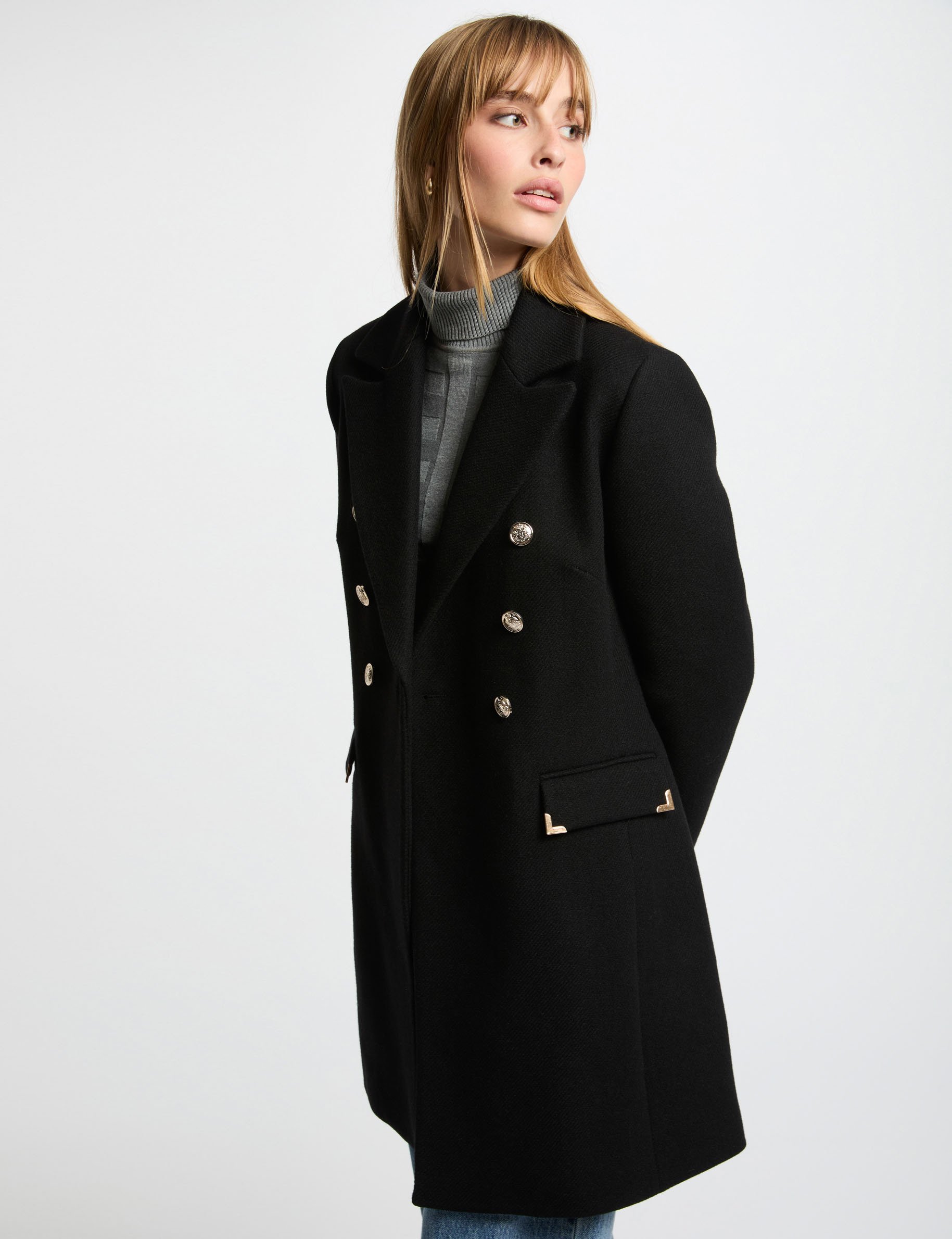 Black button coat womens best sale