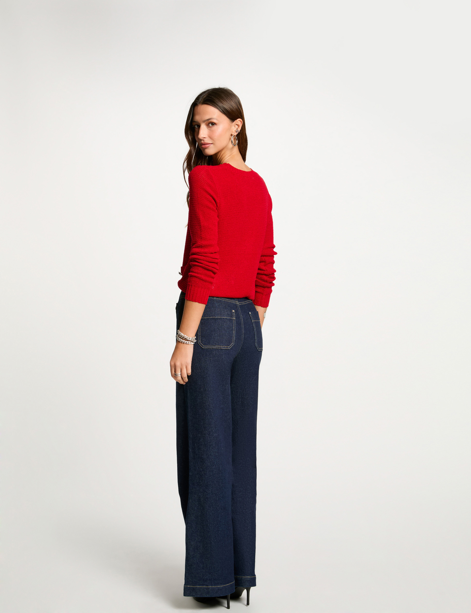 Jumper openwork and round neck red women