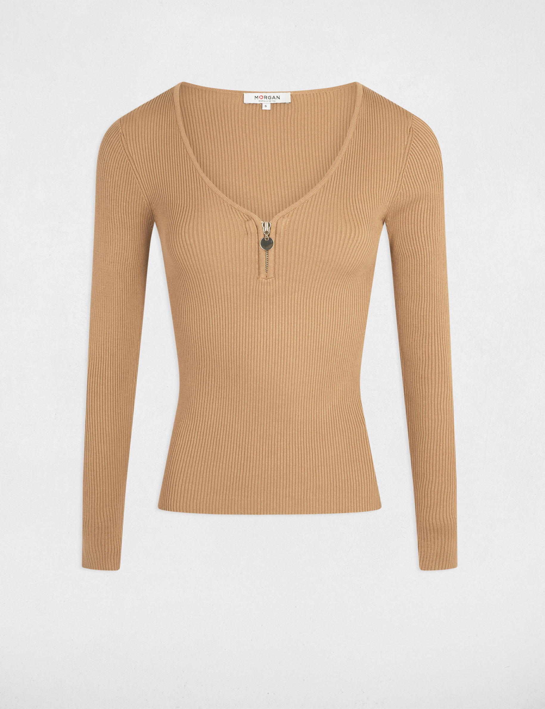 Pull manches longues côtelé détail zippé camel femme