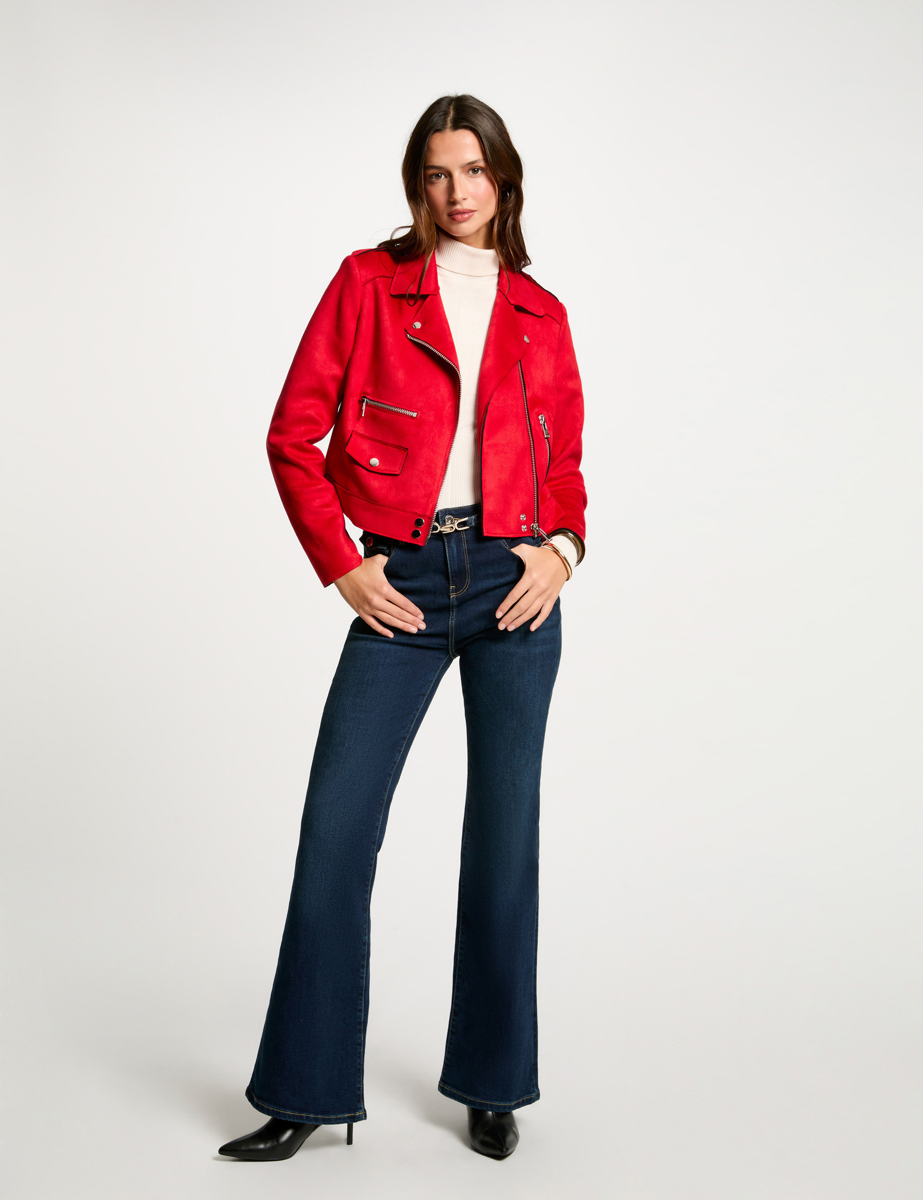 Zipped short suede jacket red women