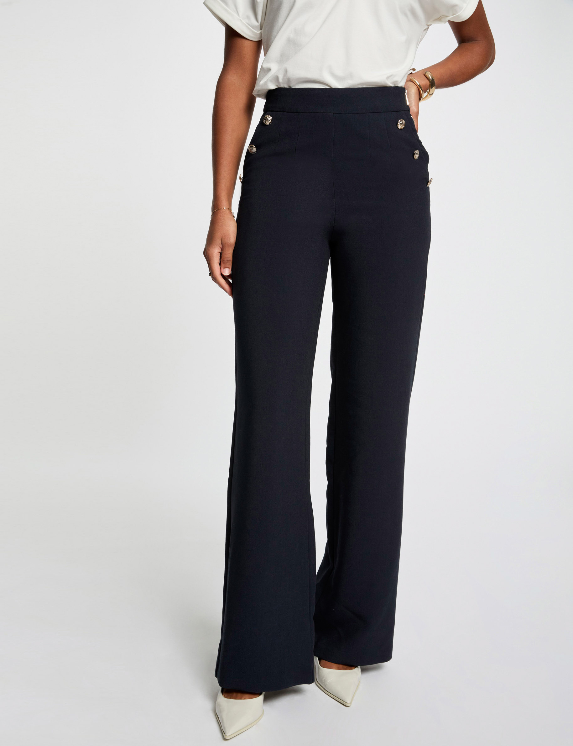 Wide leg trousers with buttons navy blue women