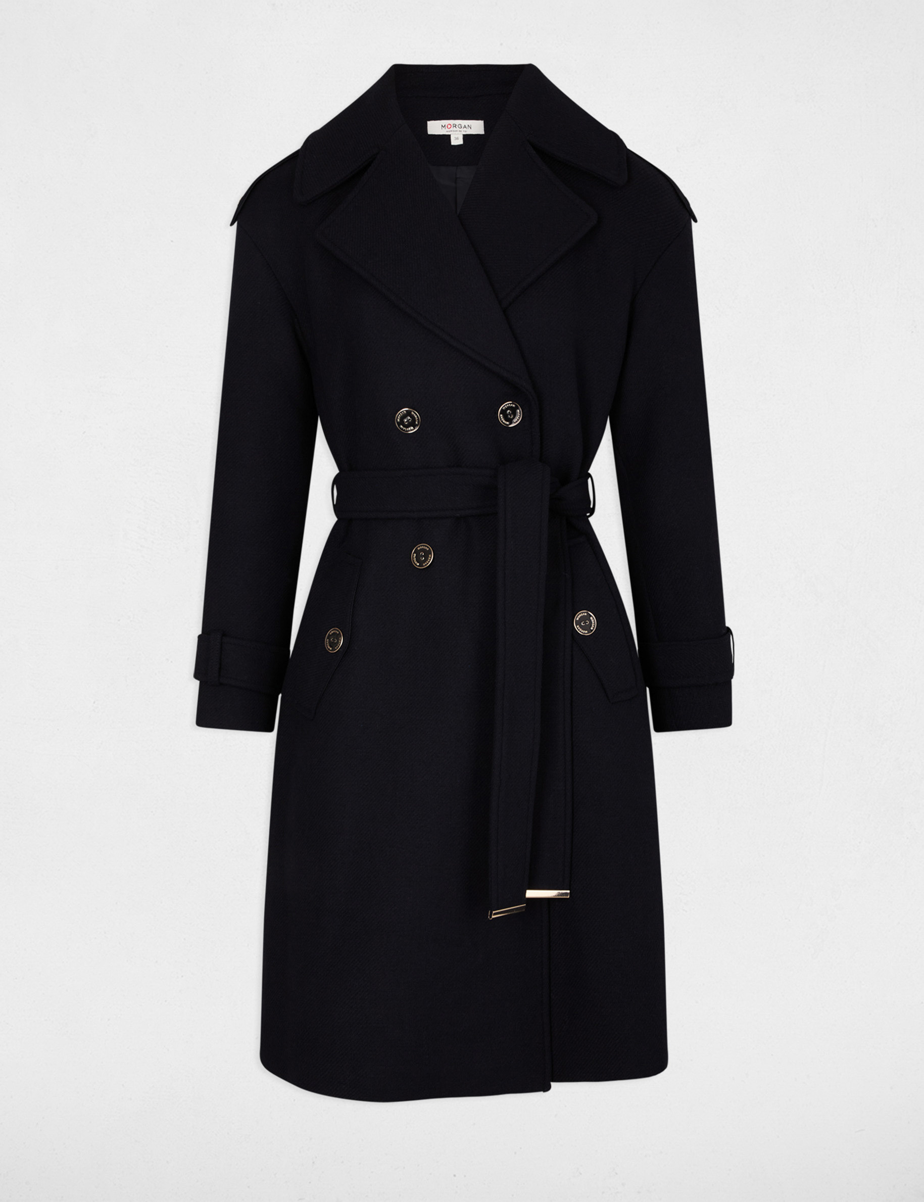 Belted long coat navy women