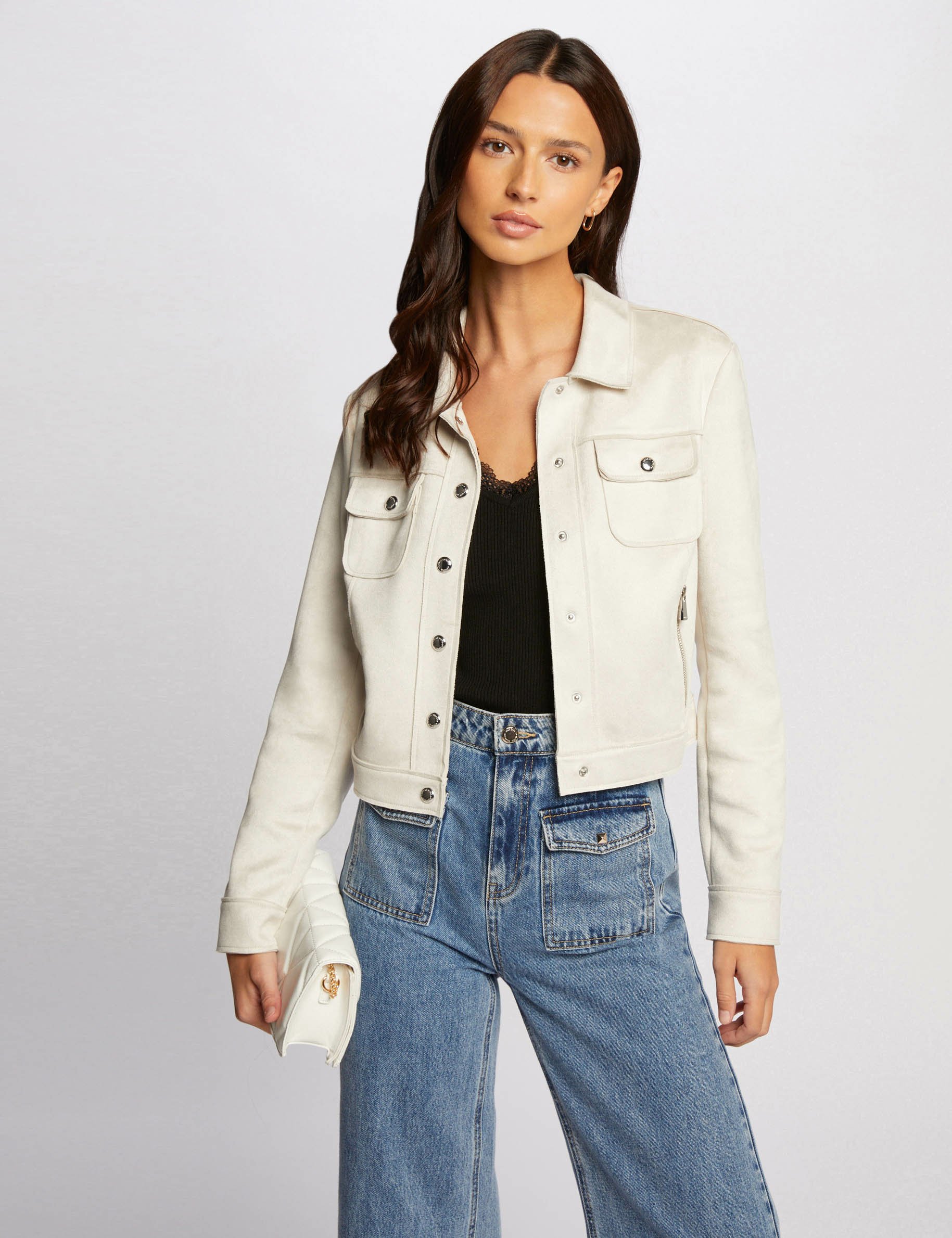 Buttoned suede jacket ecru women