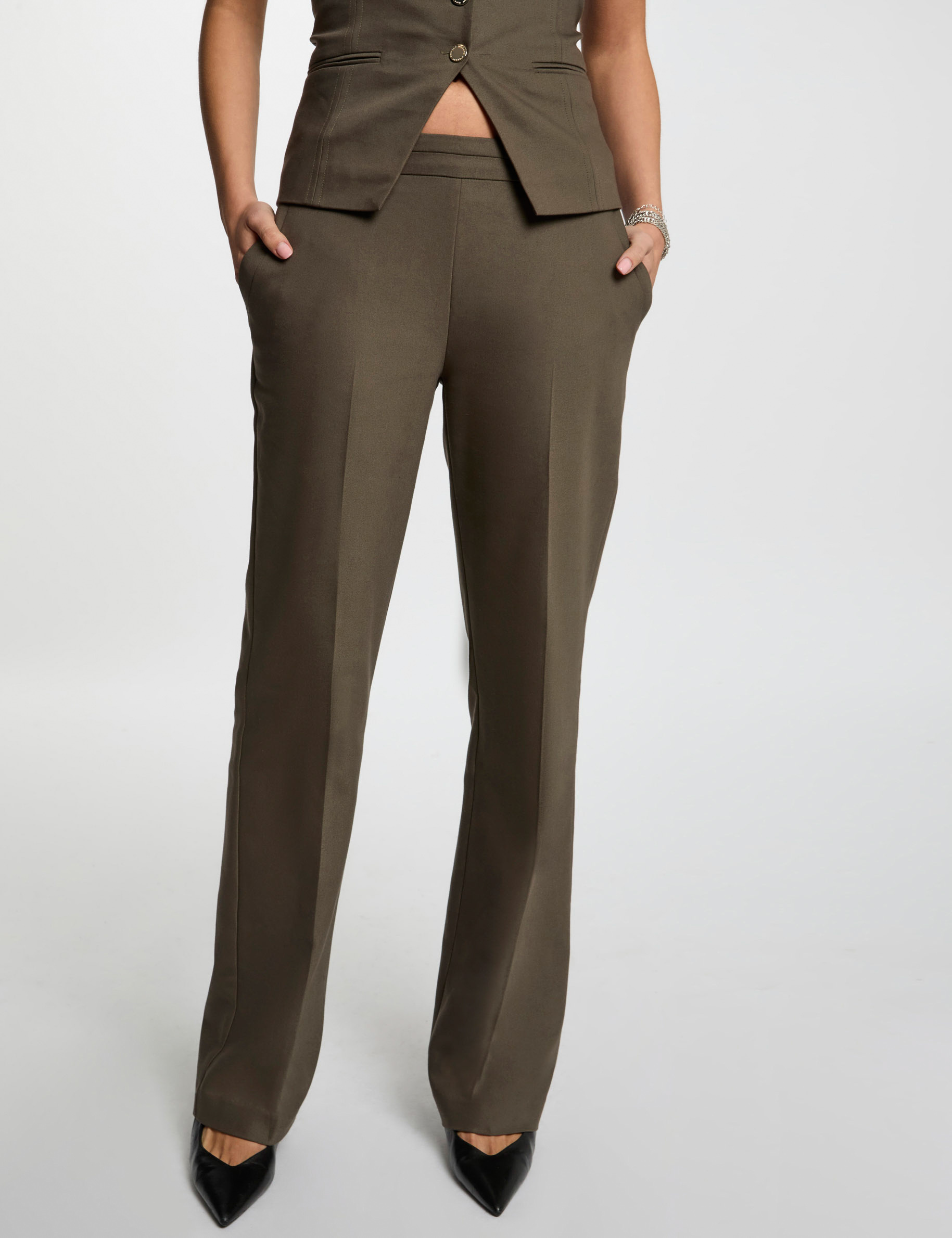 Cigarette trousers with darts khaki green women