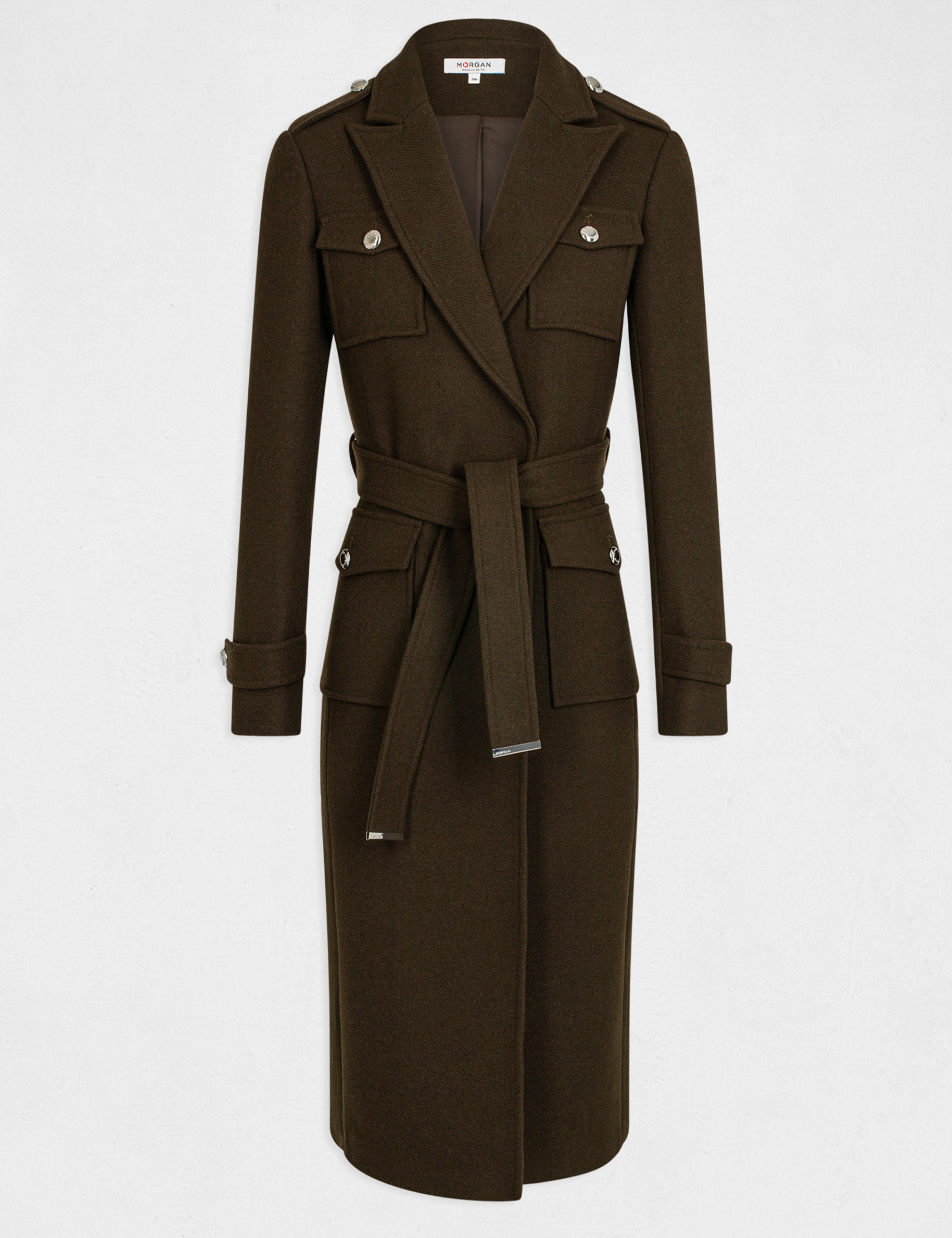 Long waisted coat with belt dark green women Morgan