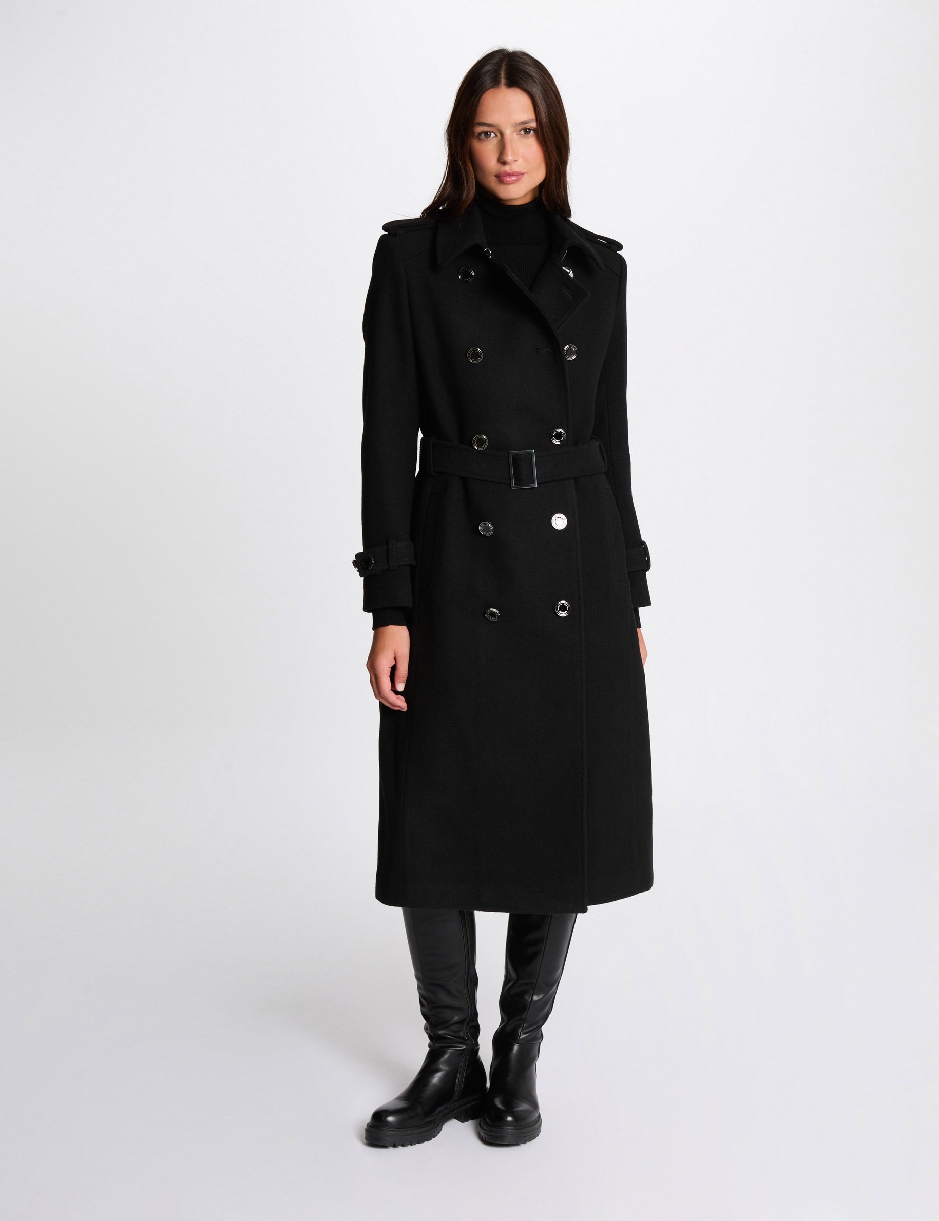 Belted long coat black women