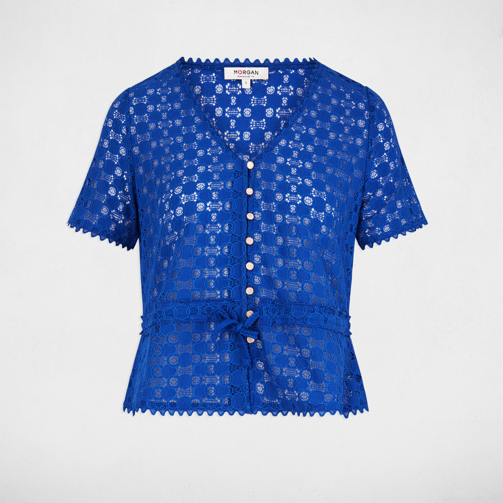 T-shirt manches courtes en dentelle bleu electrique femme