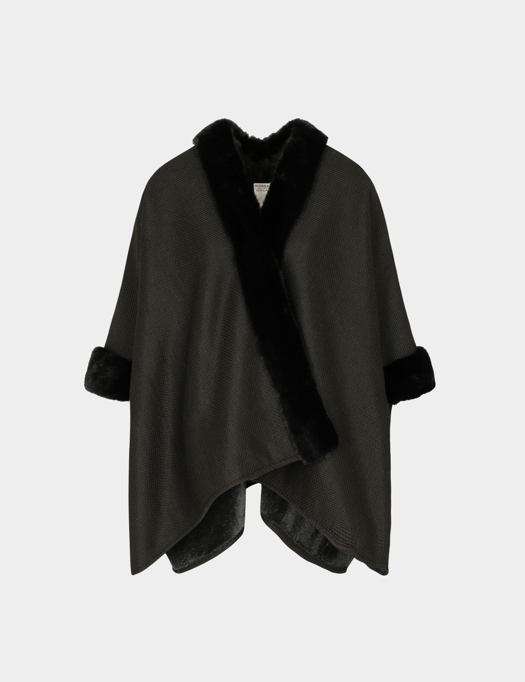 Cape avec détails imitation fourrure noir femme