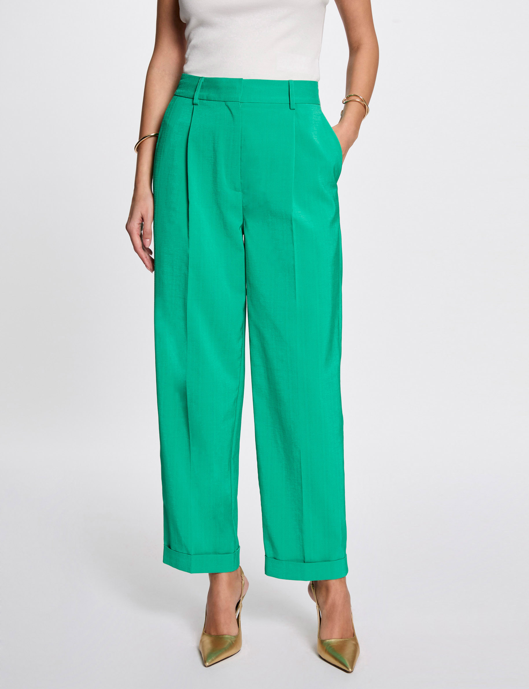 Straight trousers with darts emerald green women