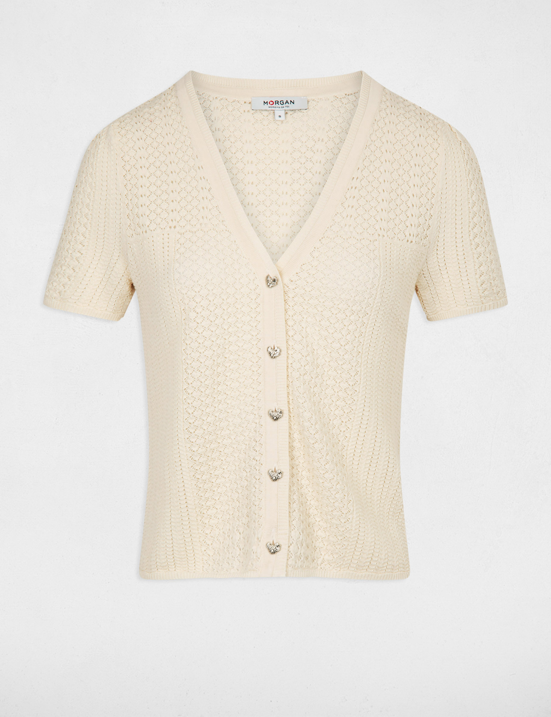 Openwork cardigan V-neck ivory ladies'