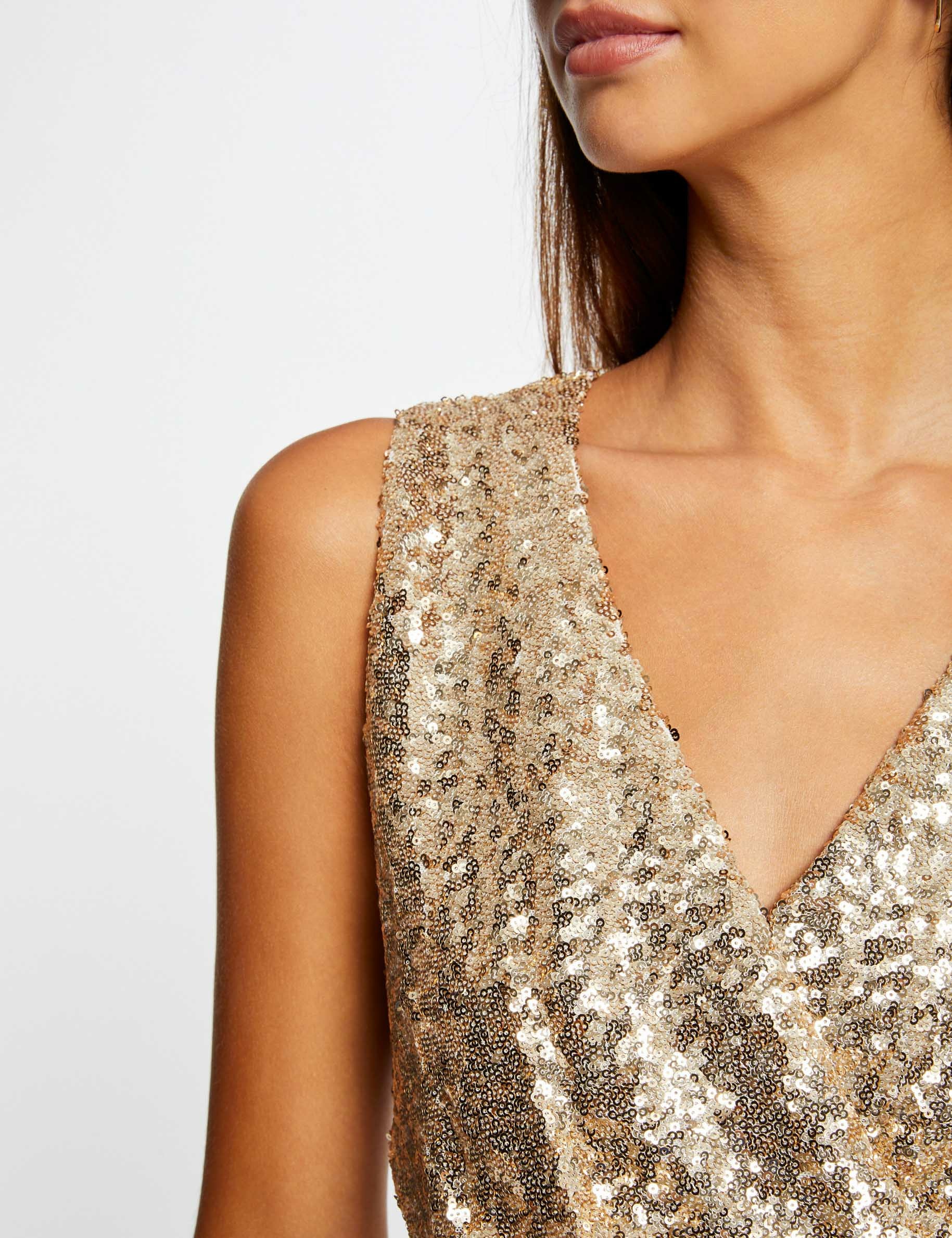 Fitted sleeveless dress with sequins gold women