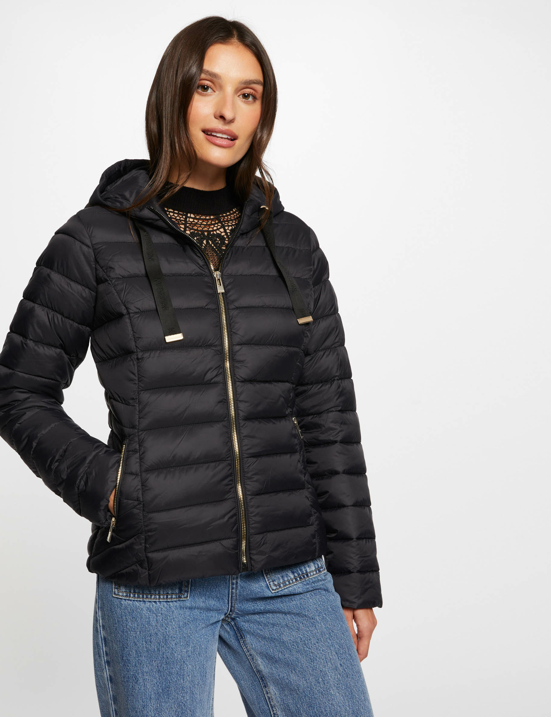 Padded jacket with hood black women Morgan