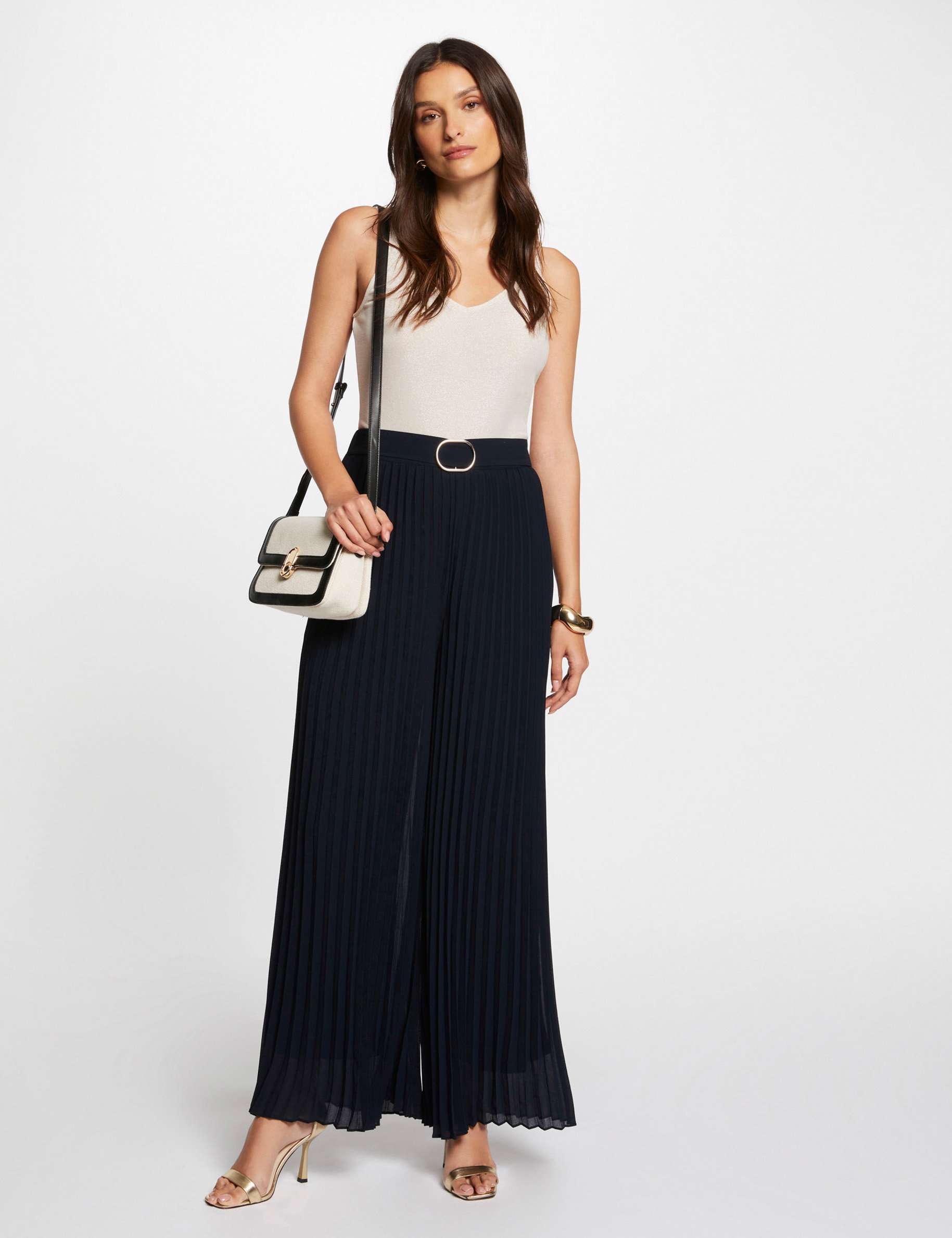 Pleated wide leg trousers navy blue women