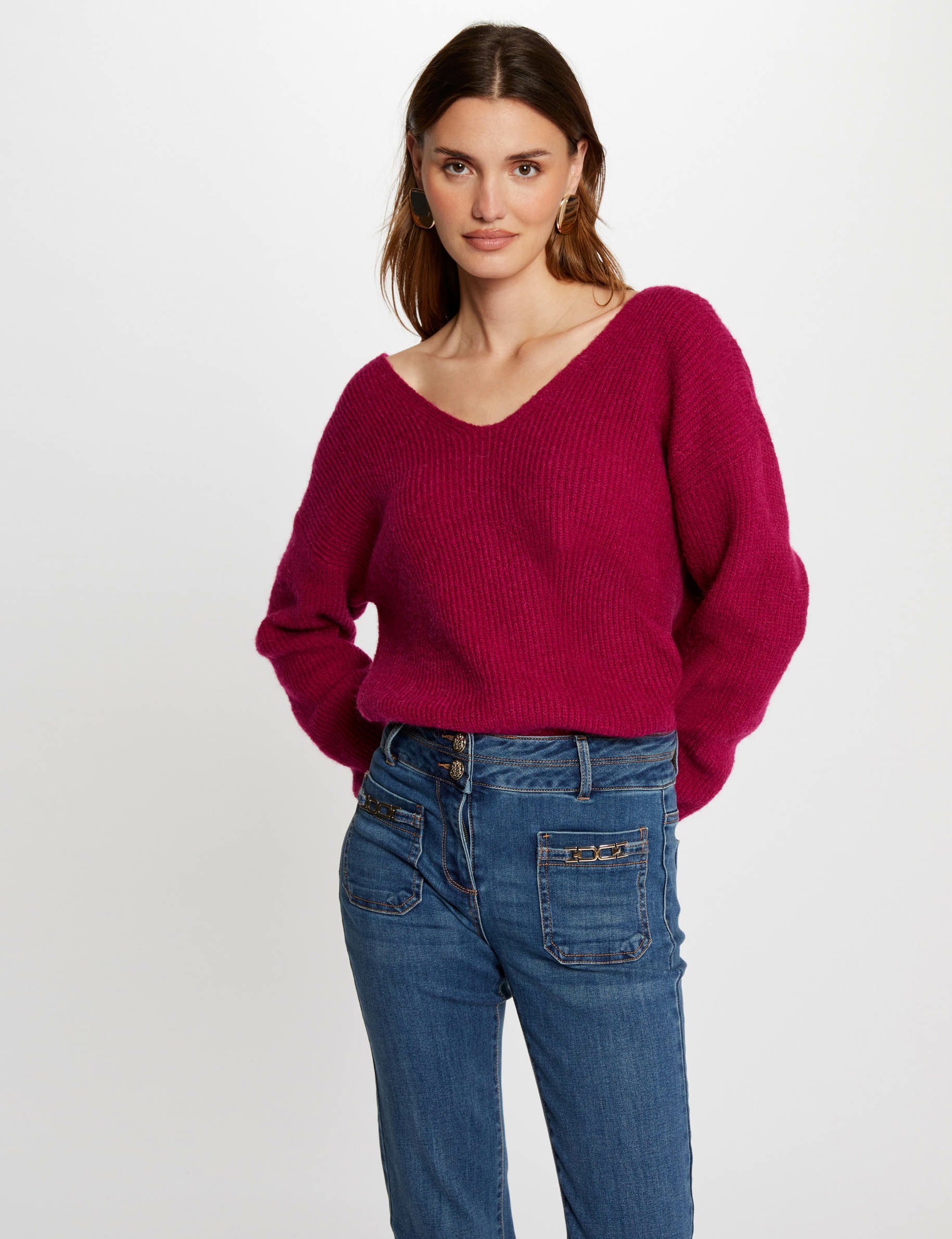 Jumper V-neck buttoned back dark pink women