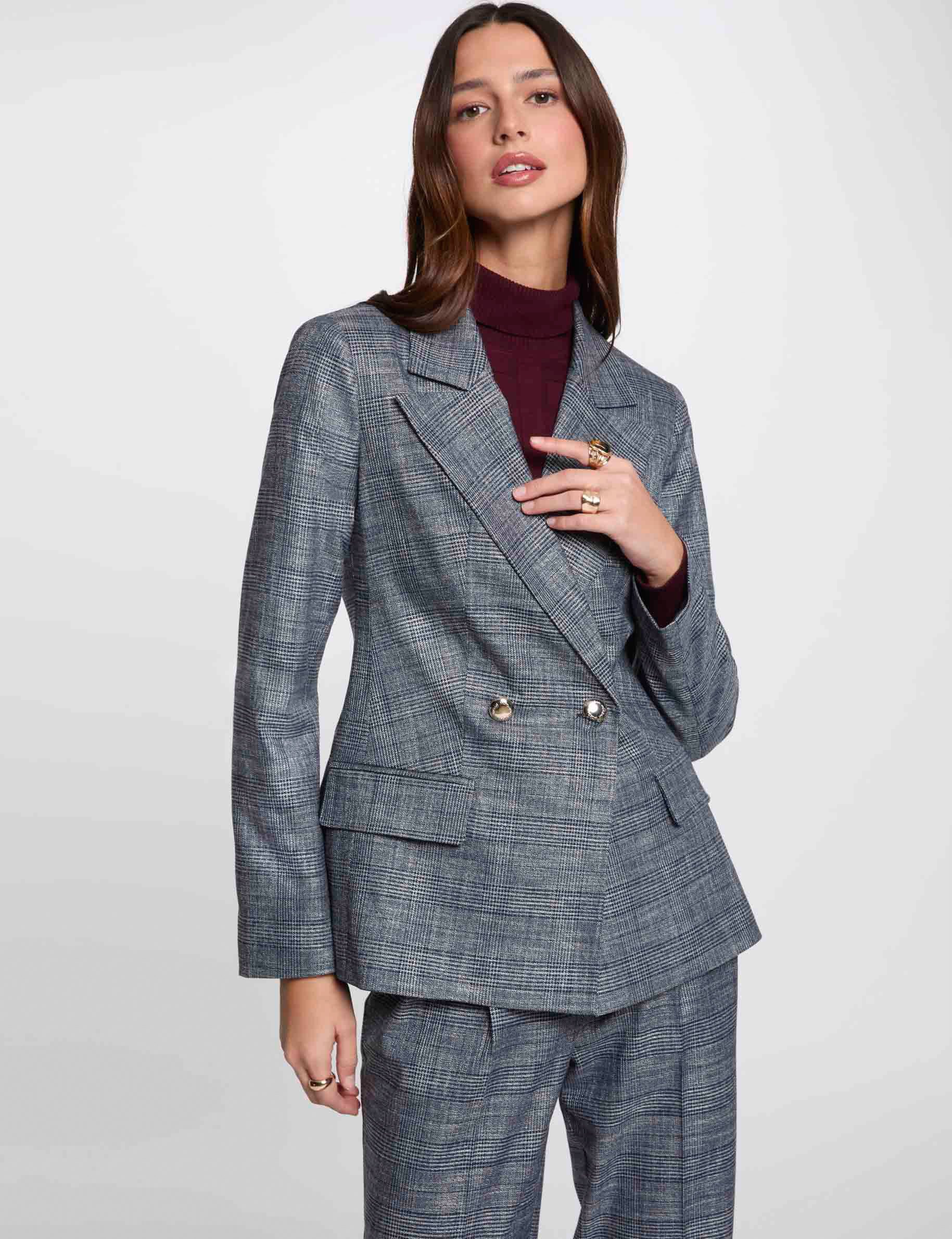 Checked short jacket navy blue women