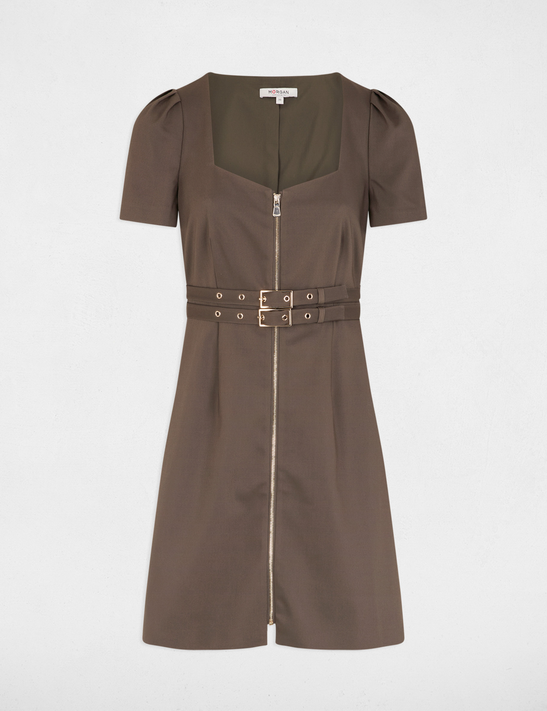 Zipped fitted short dress khaki green women