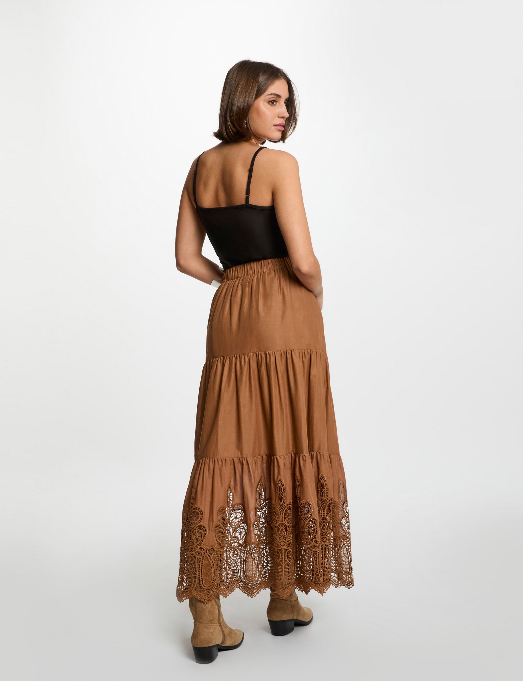 Maxi skirt lace detail cognac brown women