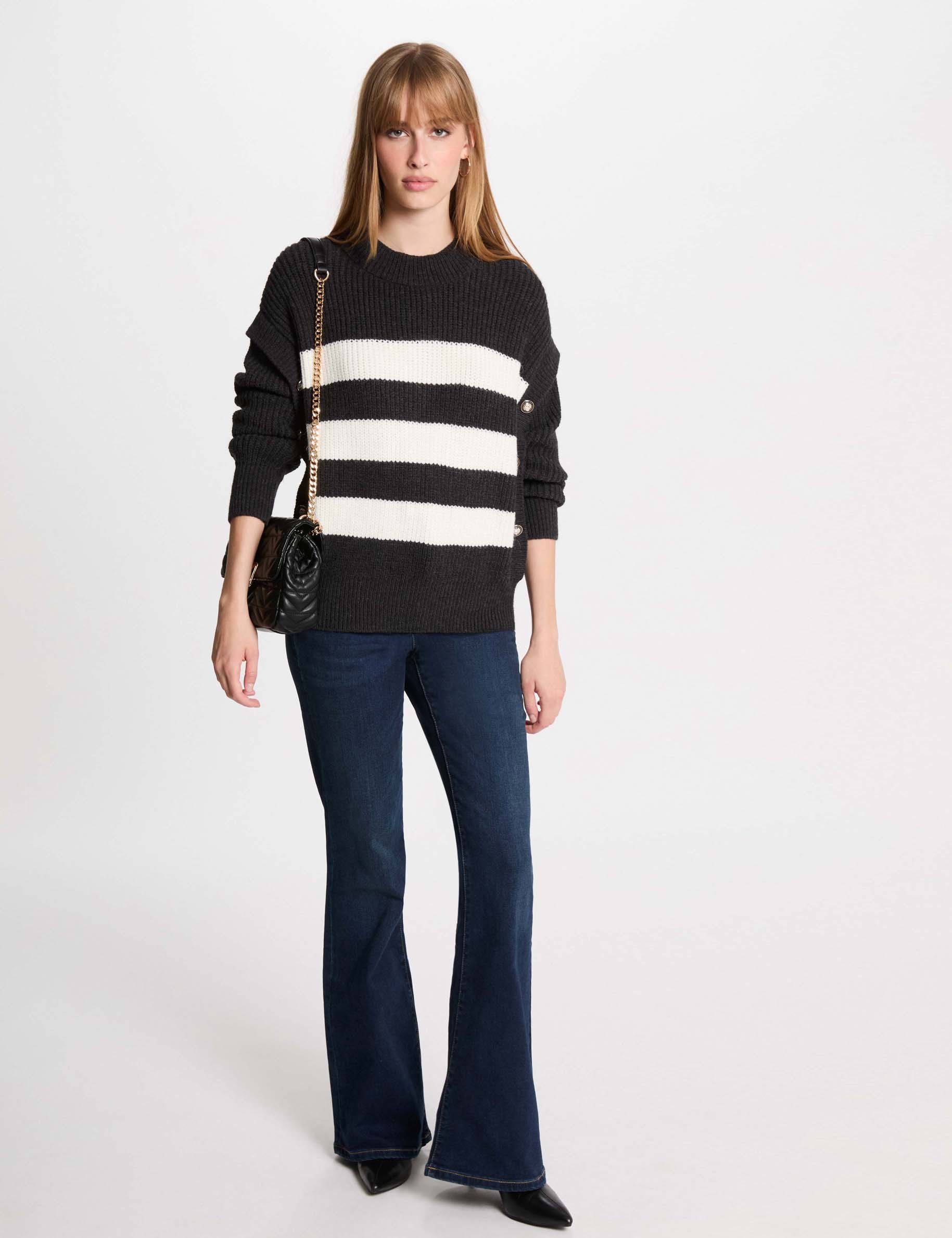 Stripped jumper round neck anthracite grey women