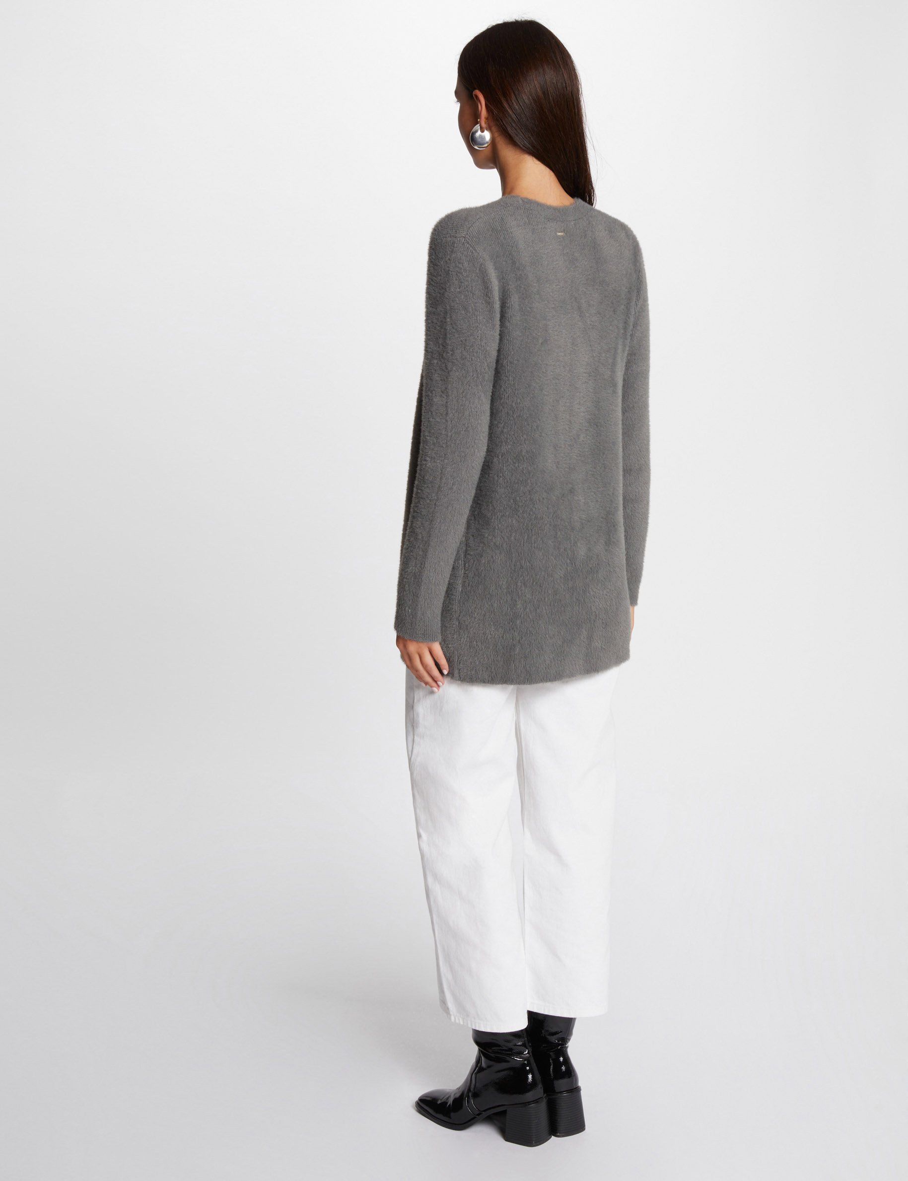 Long cardigan with fluffy knit mid-grey women