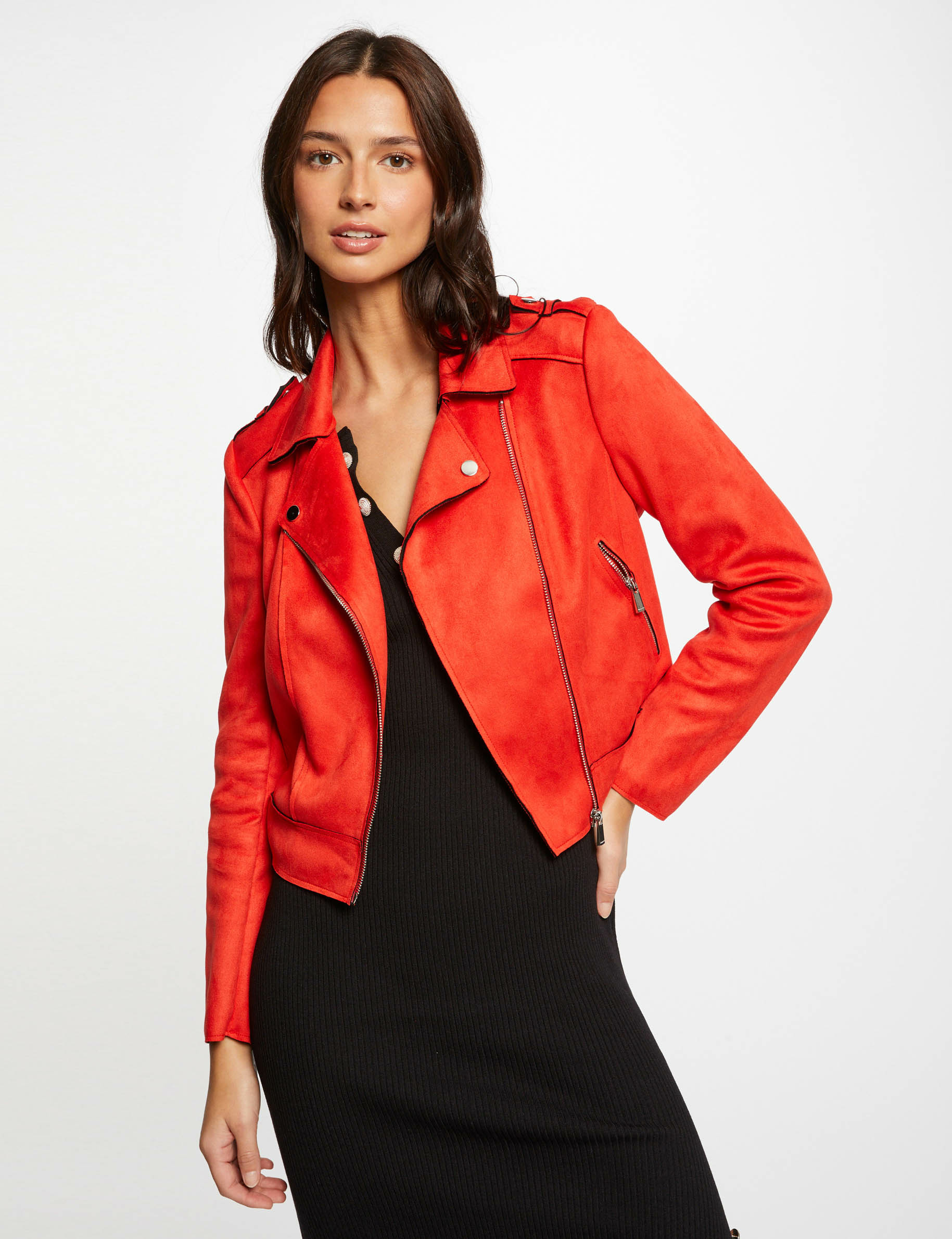Straight zipped jacket suede effect orange ladies'