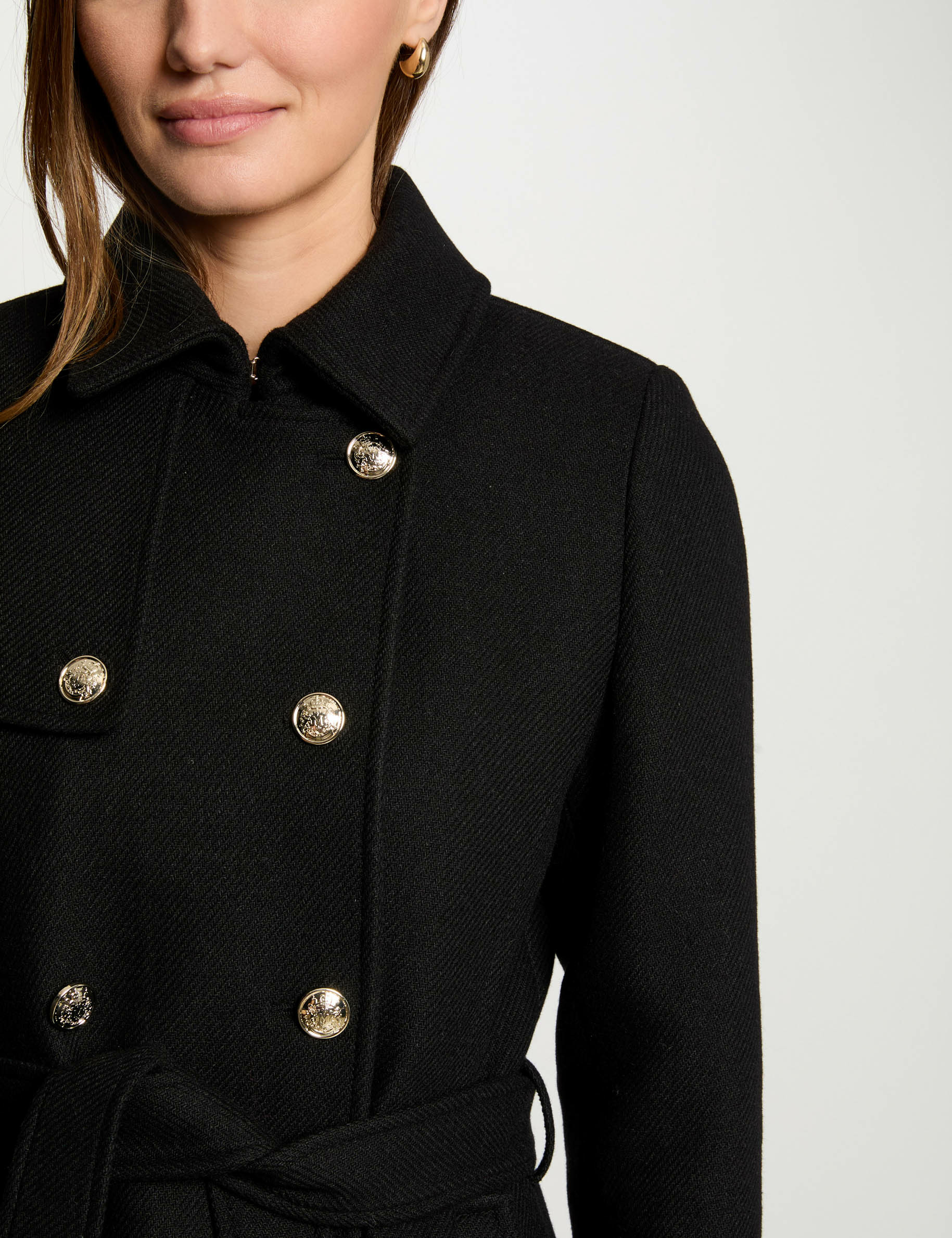 Belted long coat black women