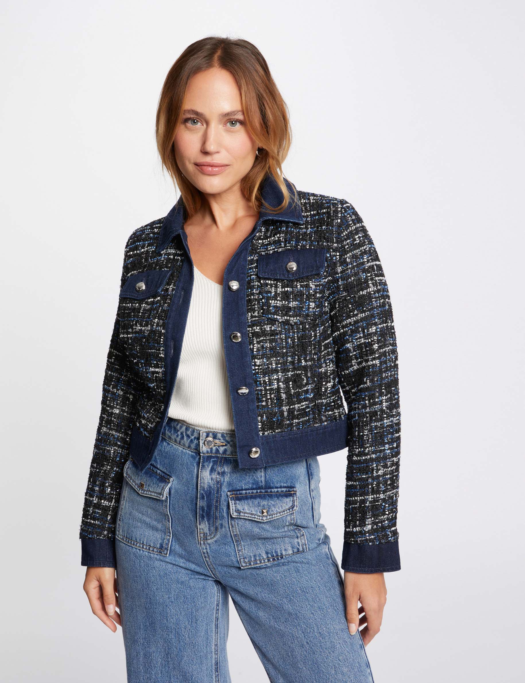 Tweed jacket denim details multicolored women