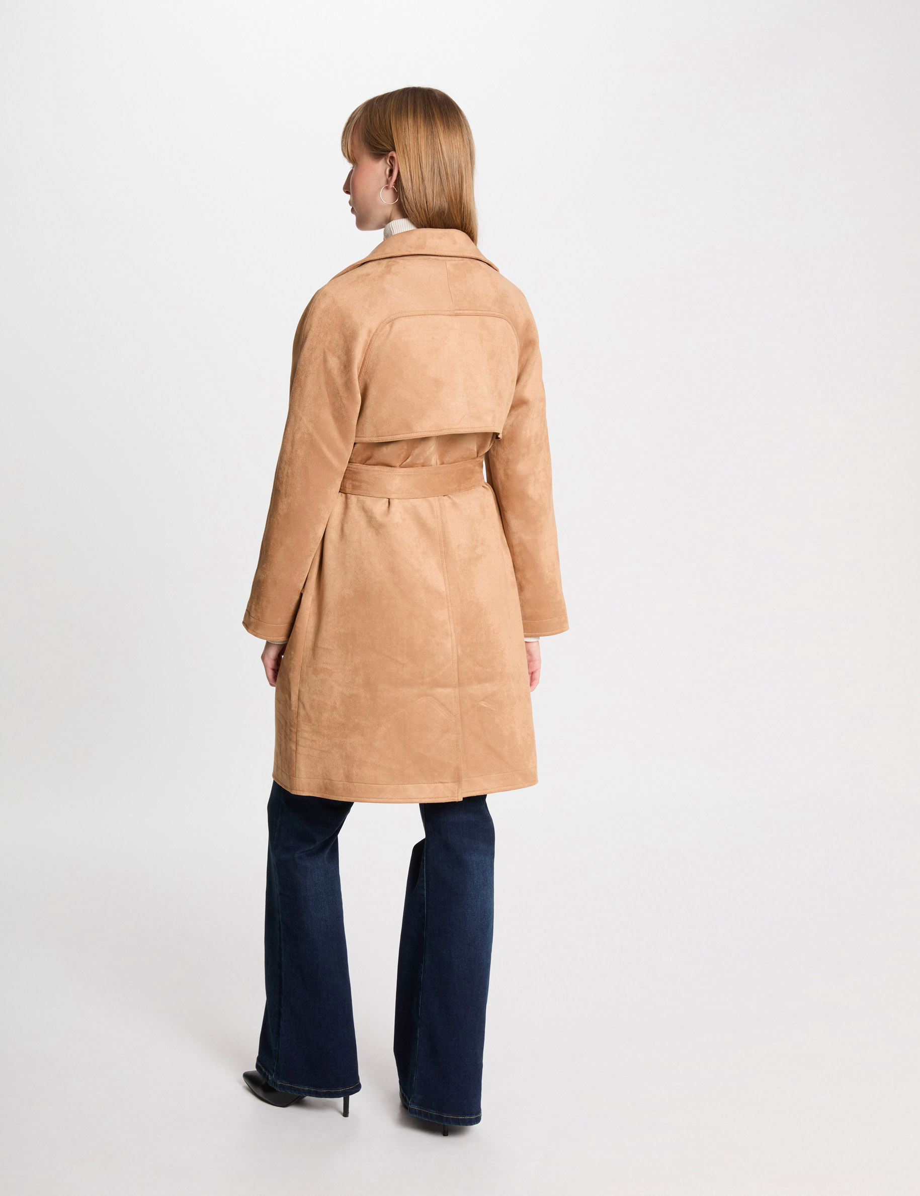 Long suede trenchcoat caramel women