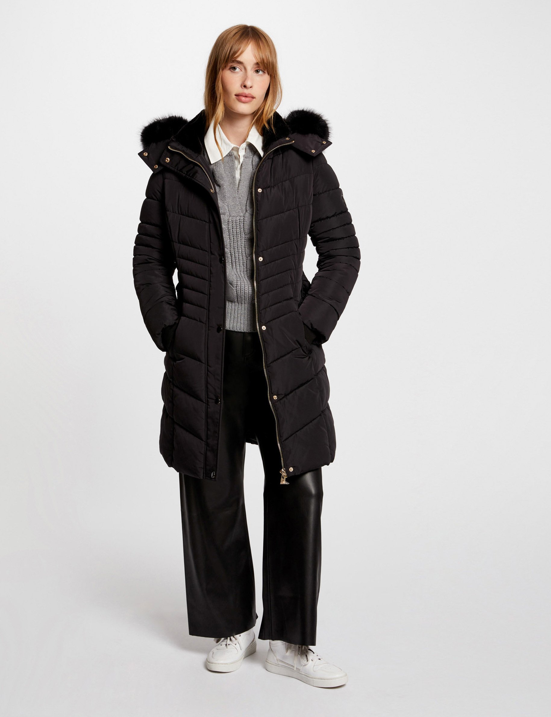 Long padded jacket with hood black women Morgan