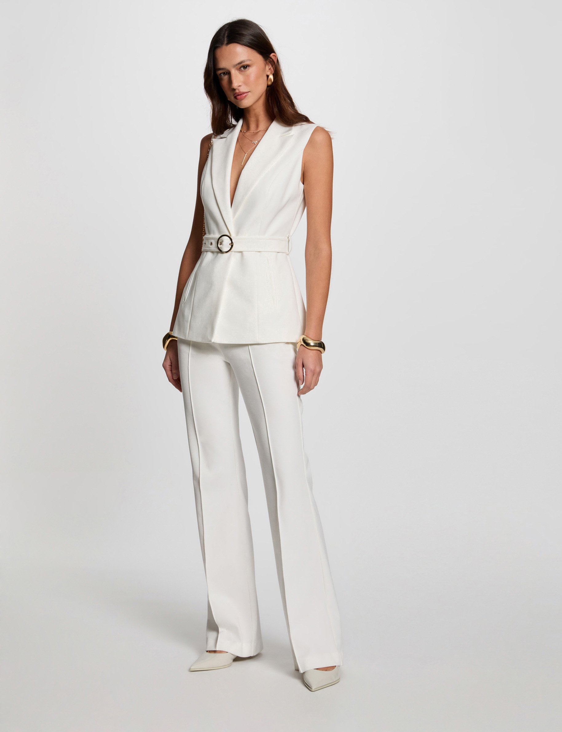 Sleeveless straight jacket with belt white women