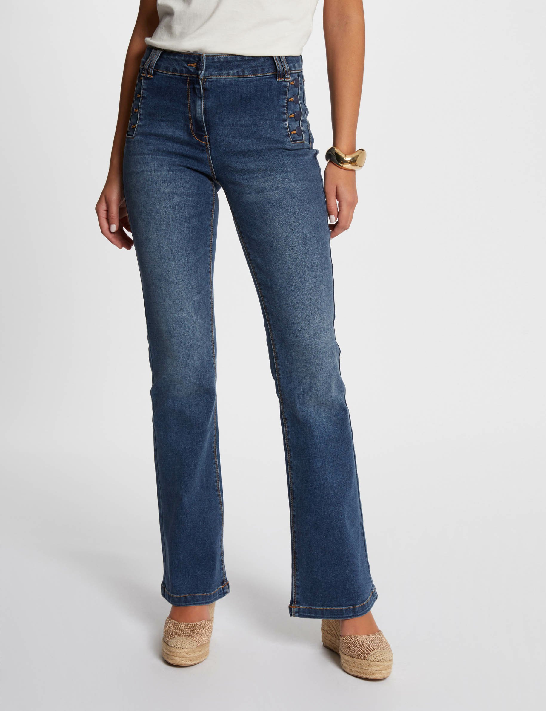 Flare jeans with buttons stone wash denim women