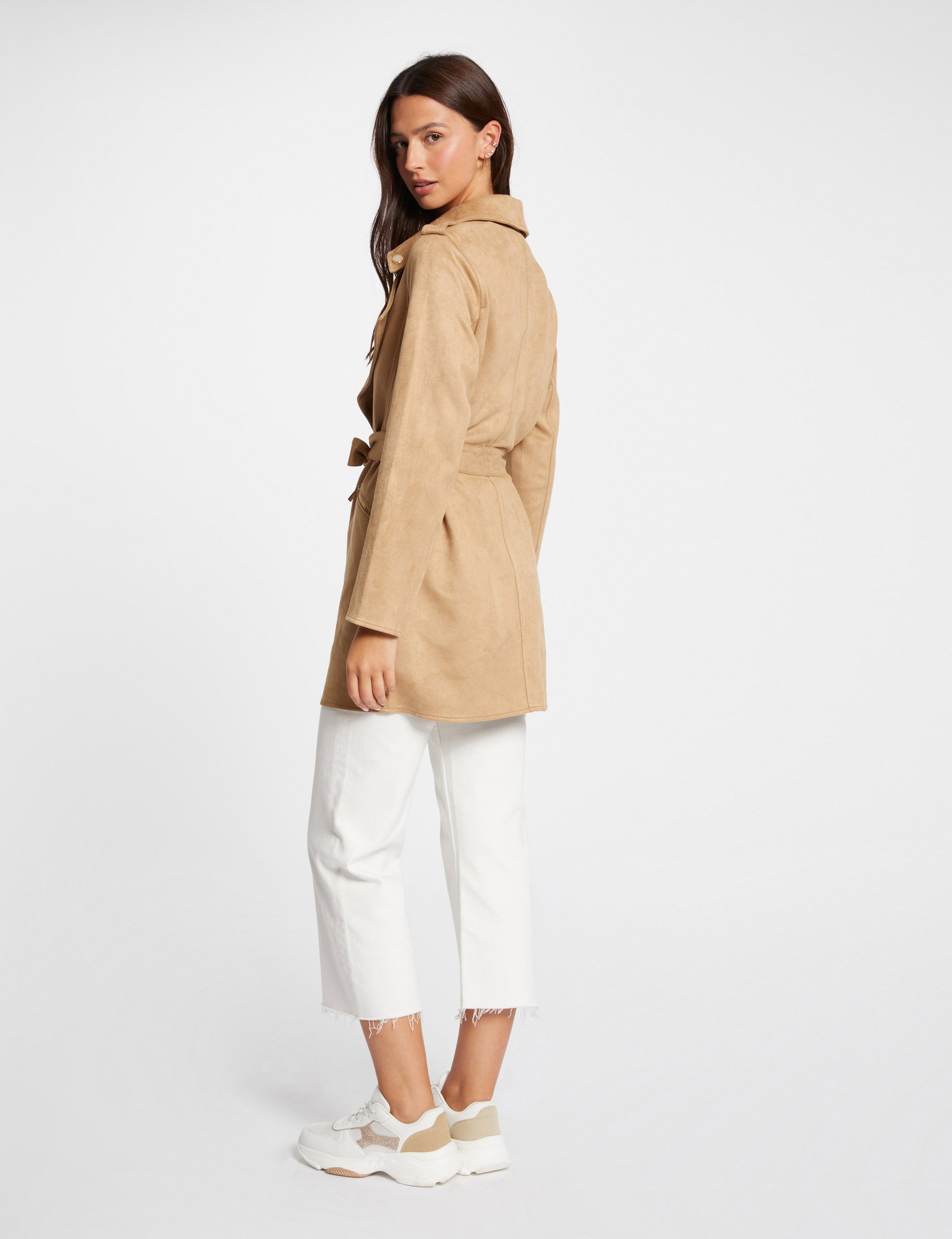 Belted long suede coat beige women