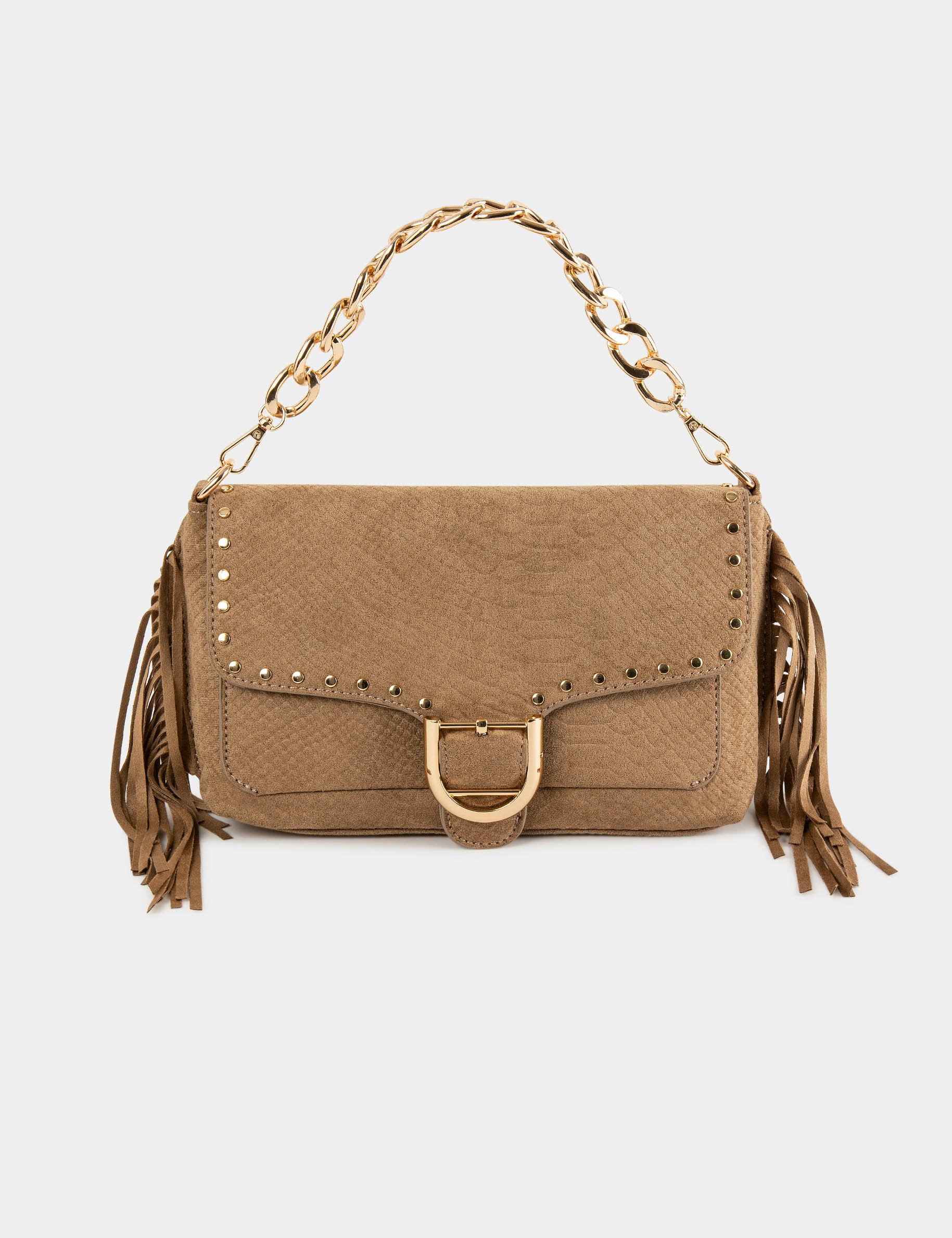 Bag with croc effect fringes and studs sand women