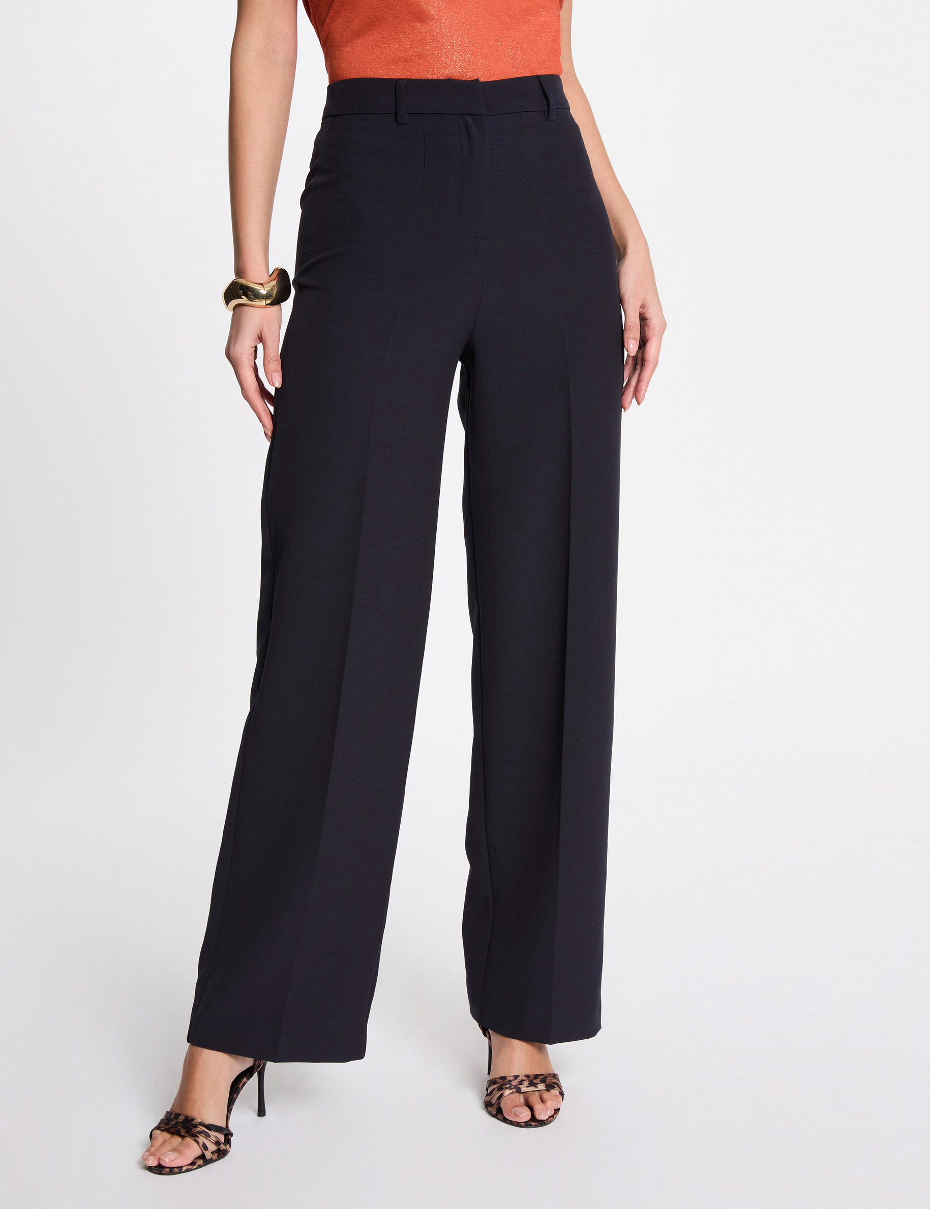 Straight trousers with darts navy blue women