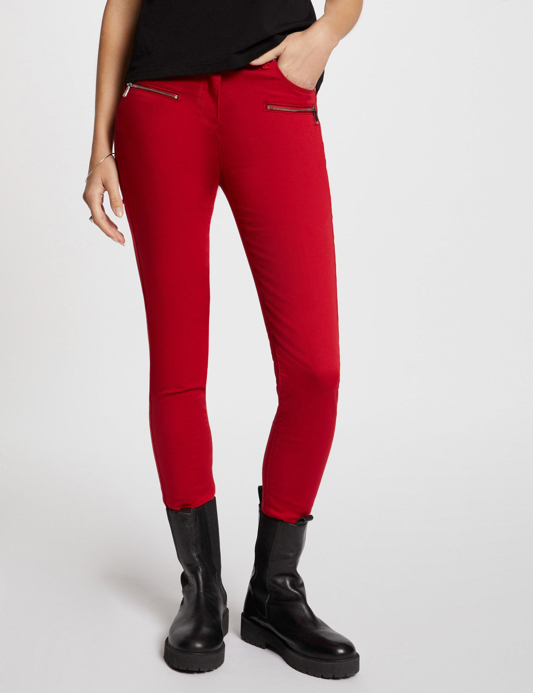 Jeans slim détails zippés rouge moyen femme