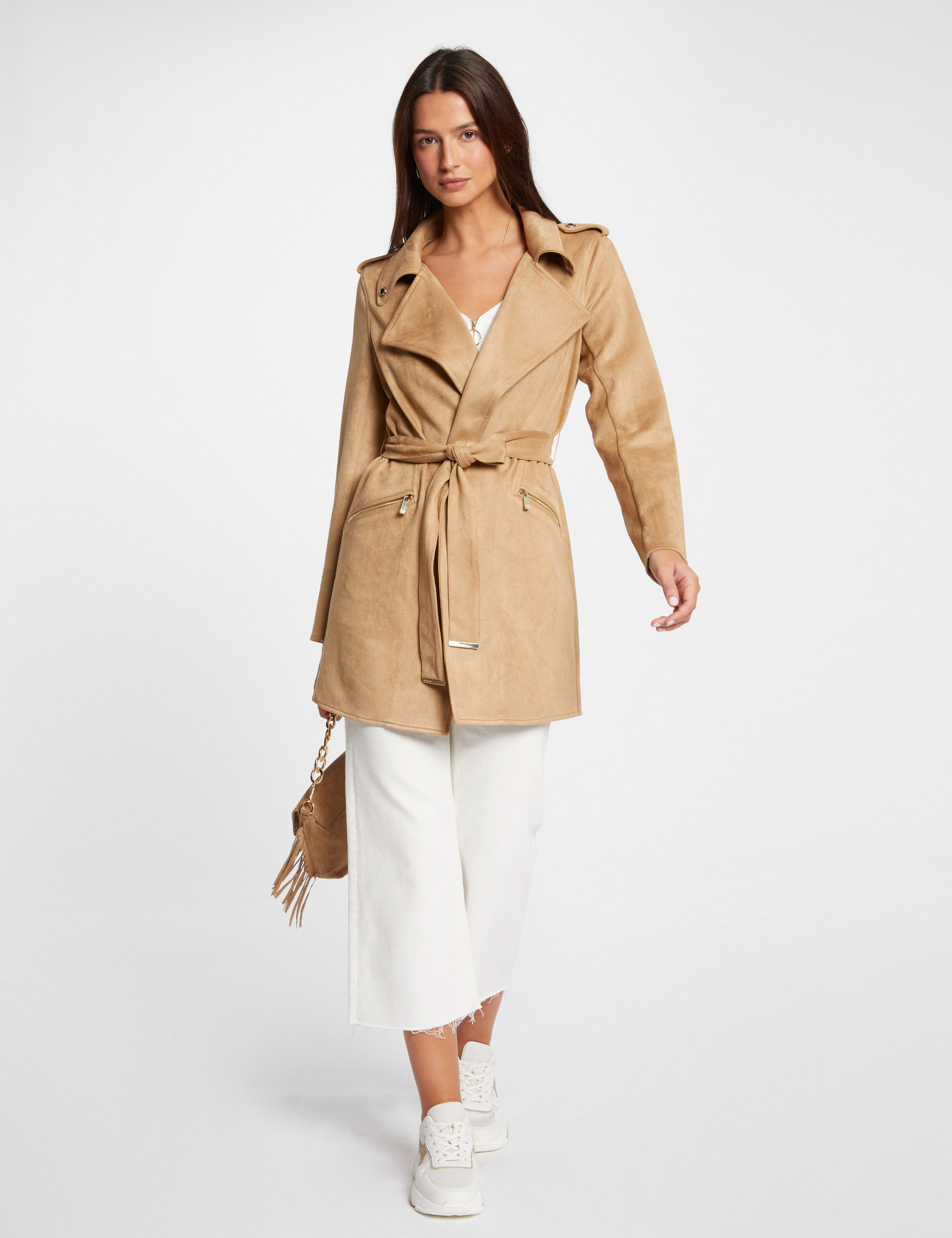 Belted long suede coat beige women