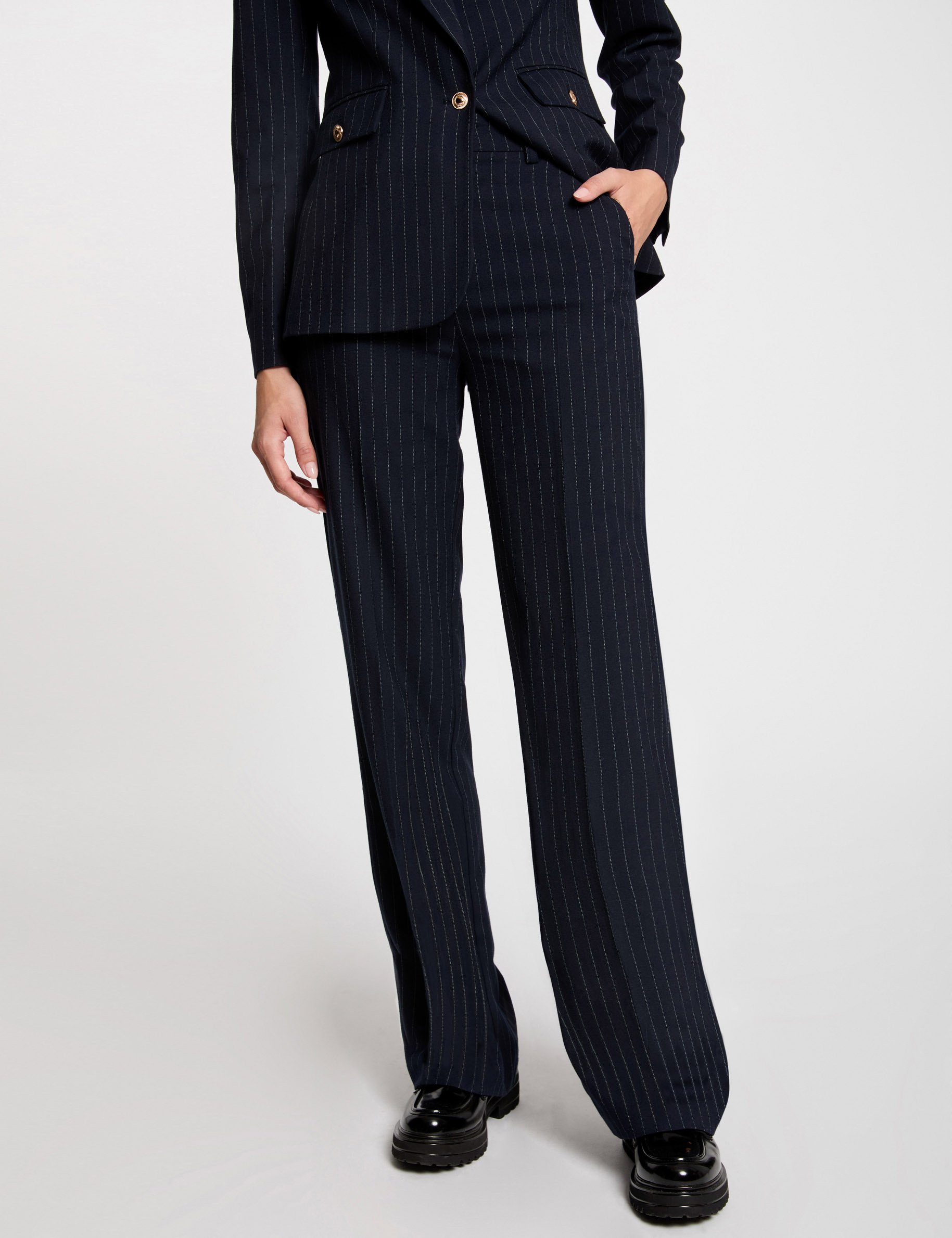 Flare trousers with stripes navy blue women