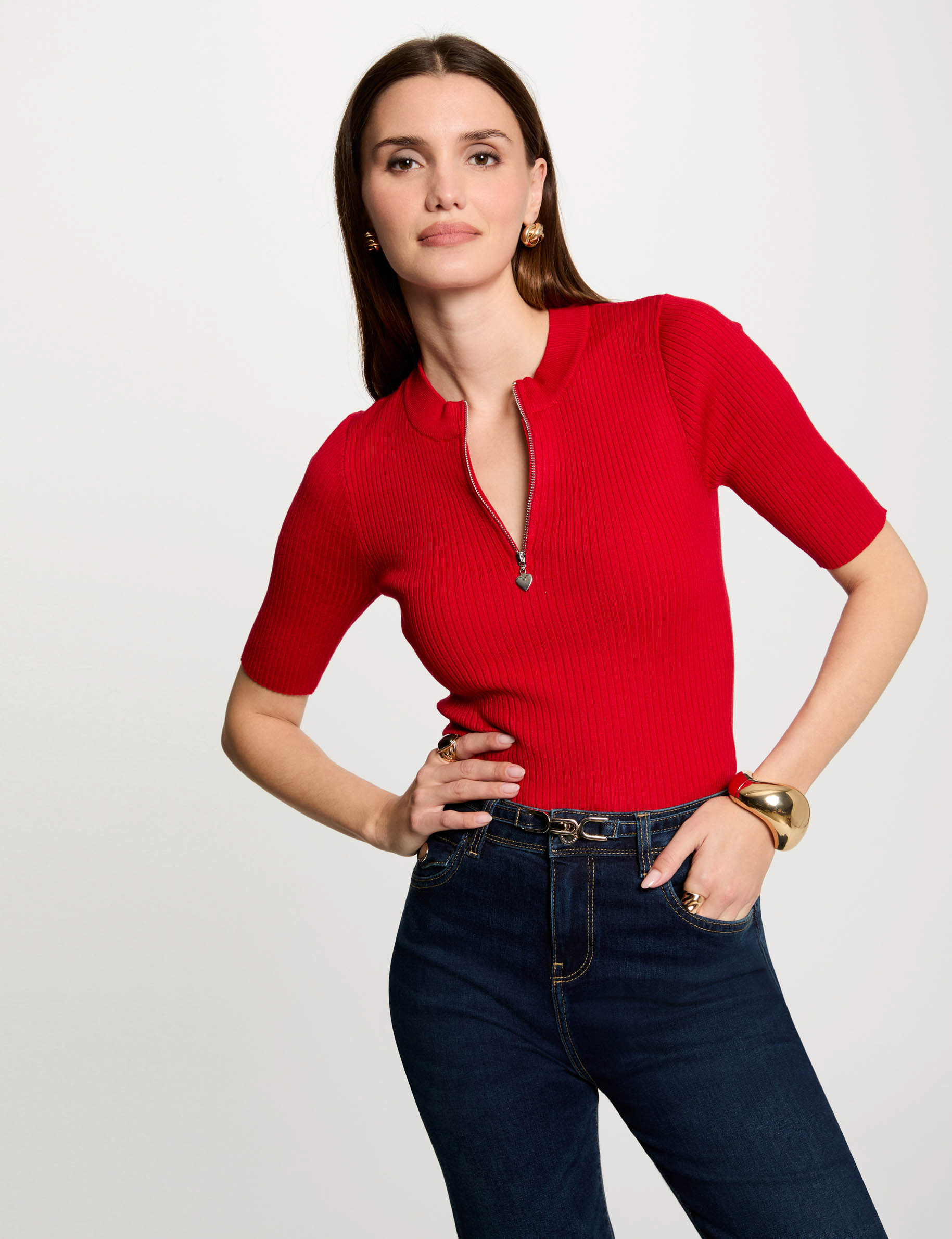 Short-sleeved ribbed jumper red women