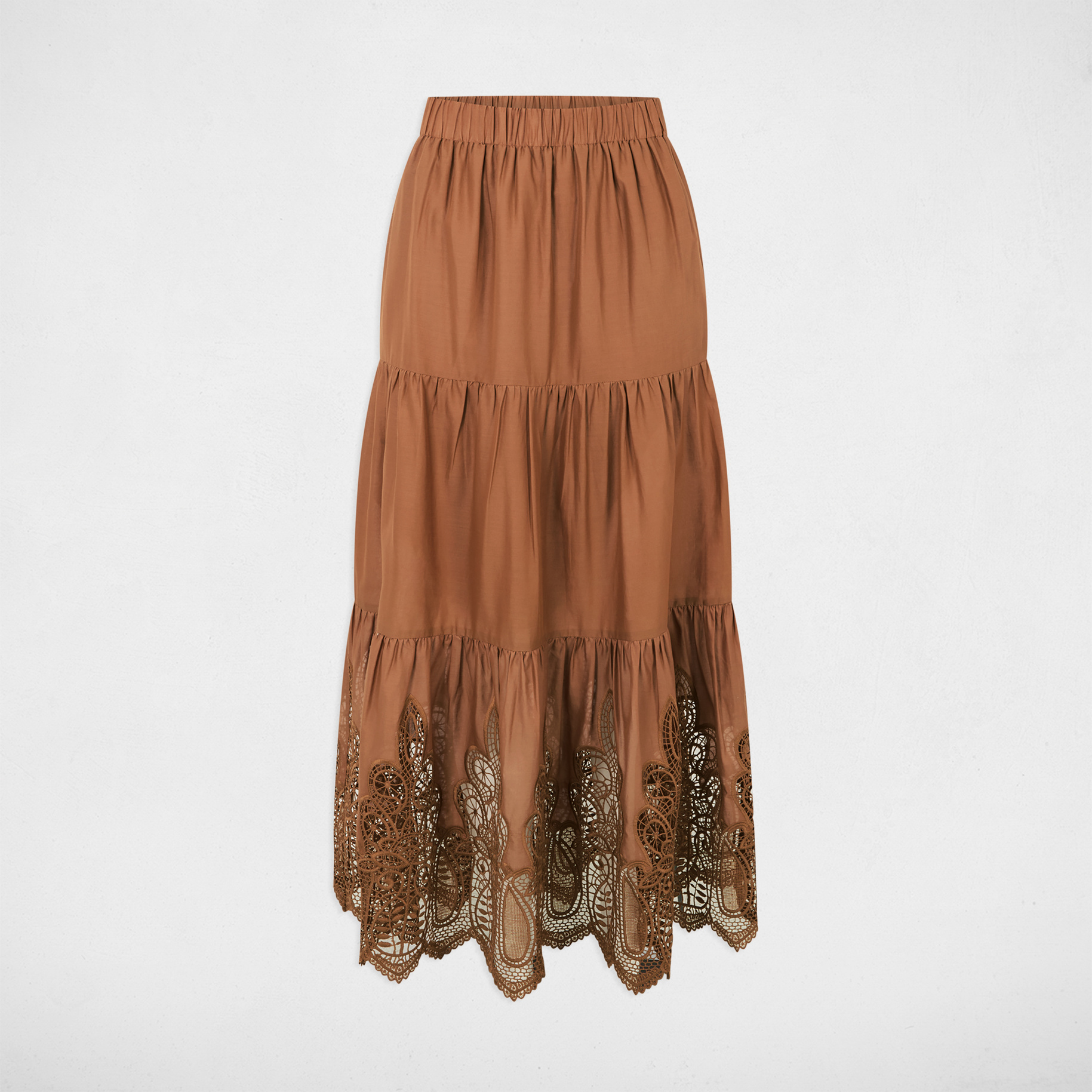 Maxi skirt lace detail cognac brown women