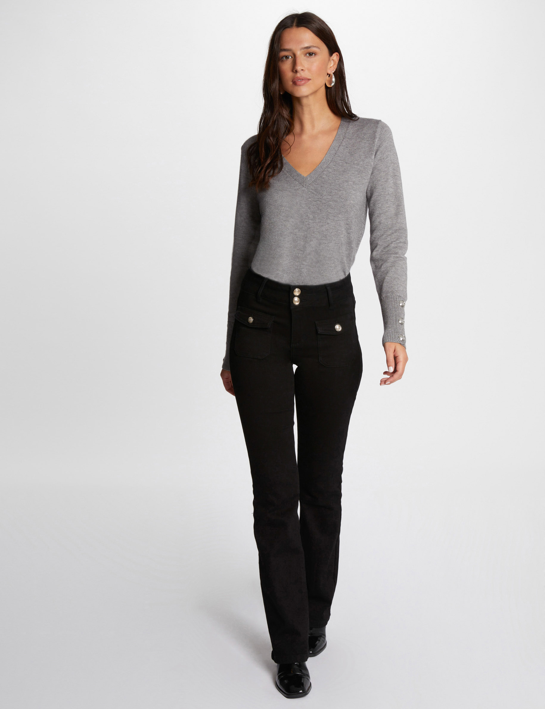 Long-sleeved jumper V-neck mid-grey women