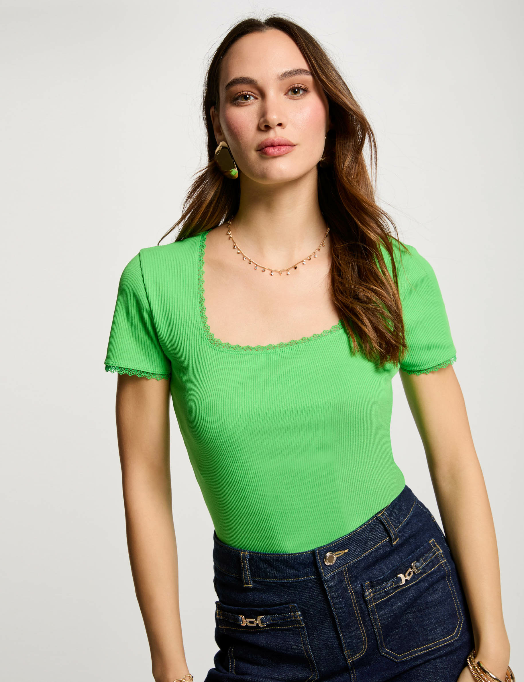 Short-sleeved ribbed t-shirt green women