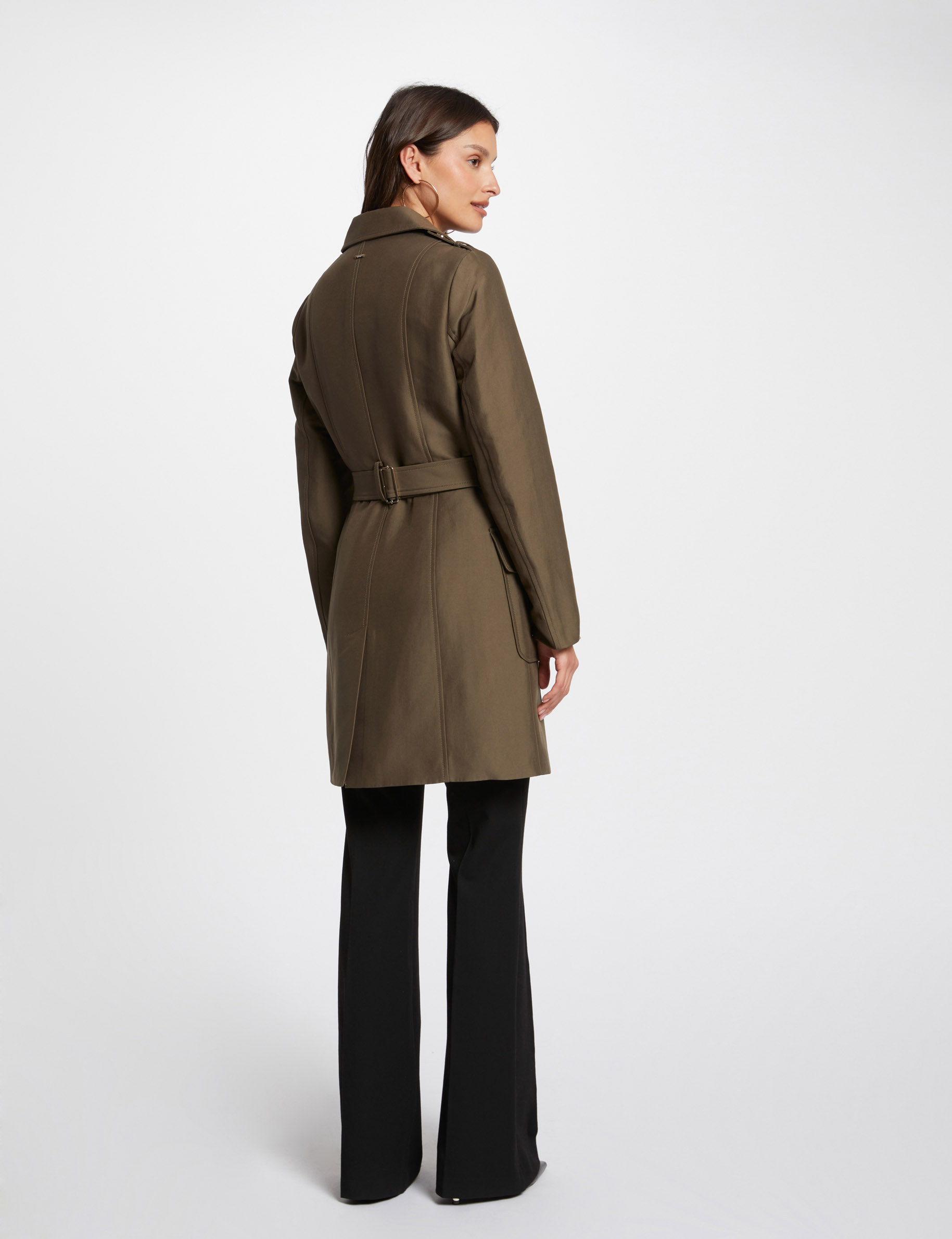 Belted long trenchcoat khaki green women