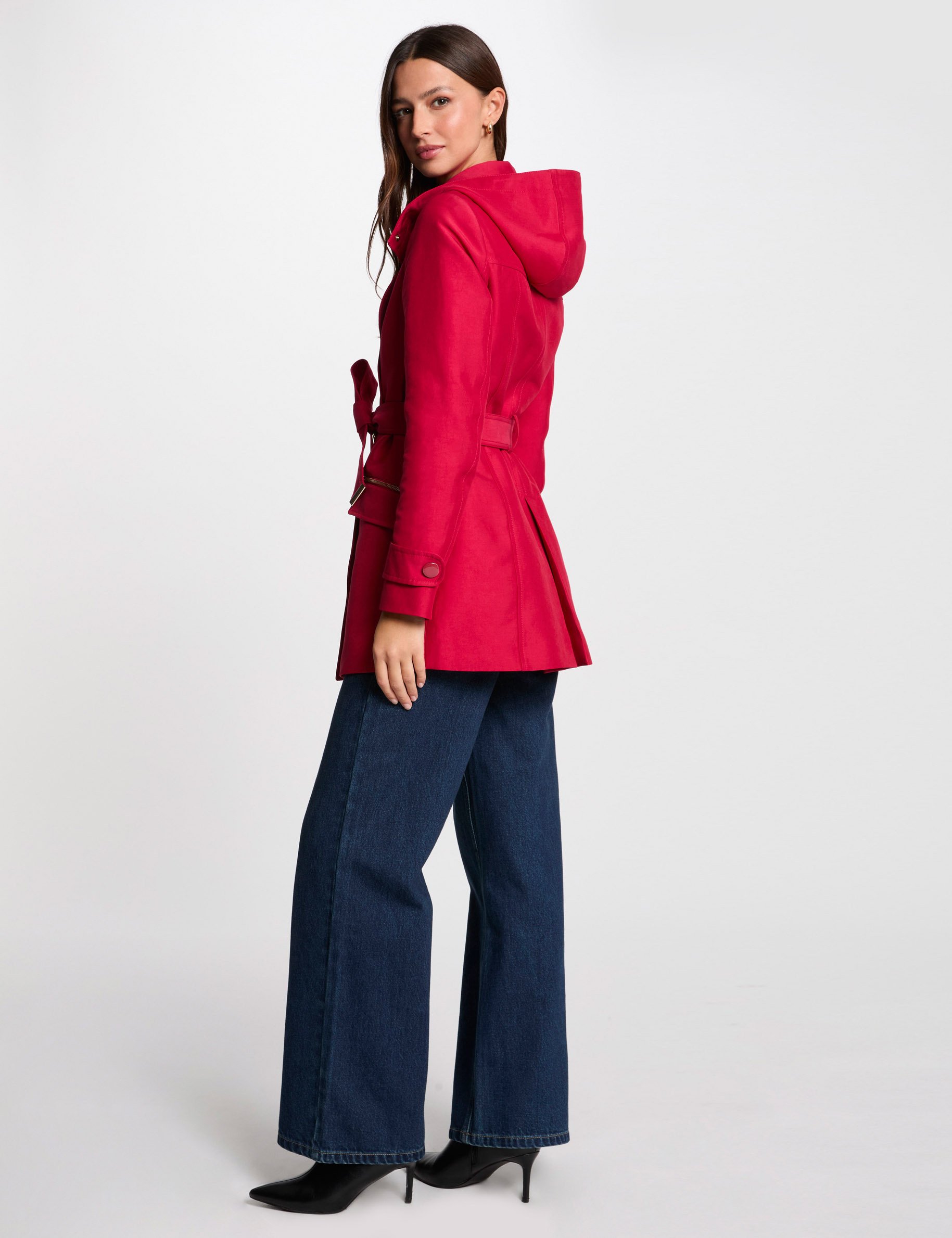 Waisted belted trenchcoat with hood red women