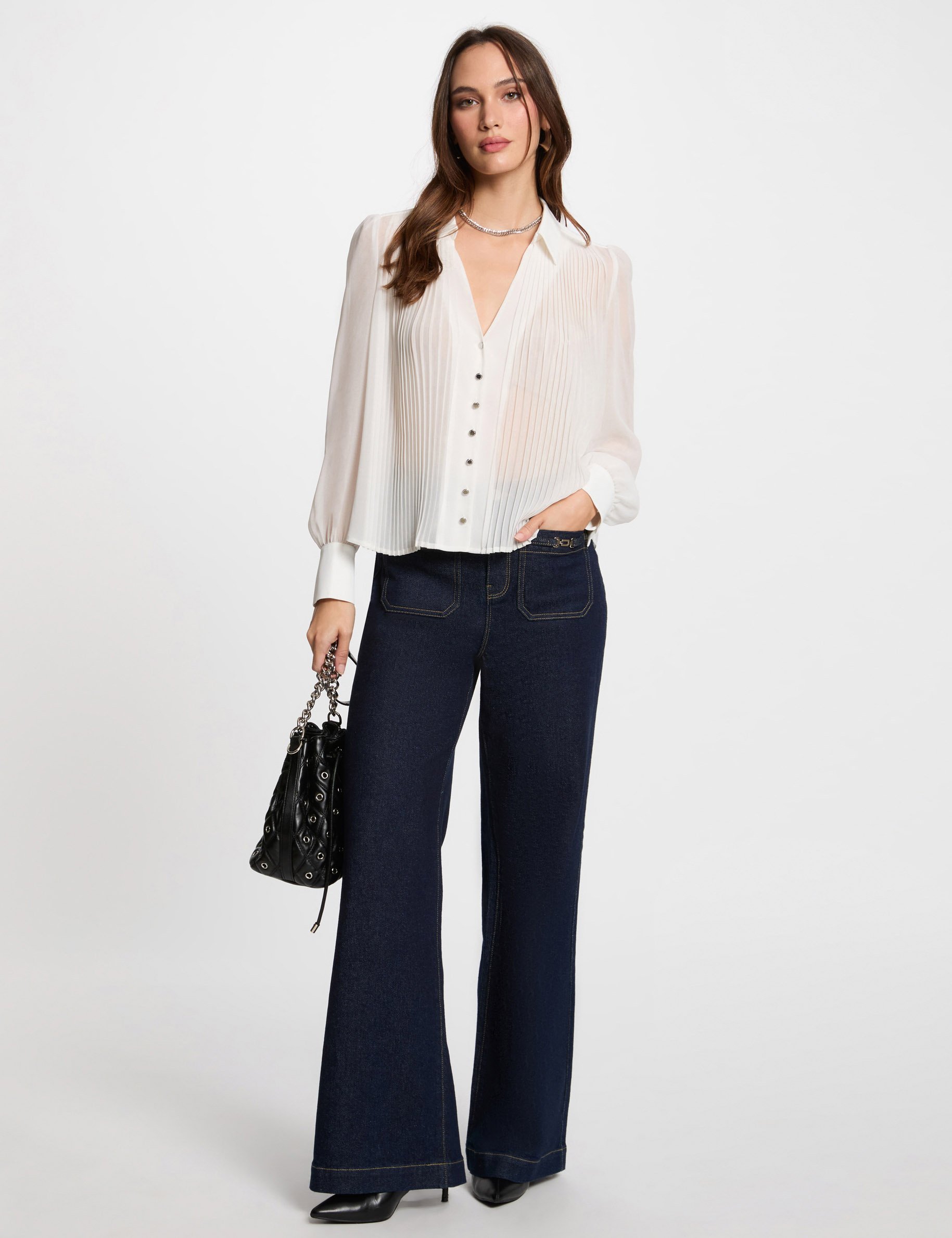 Long-sleeved shirt with pleats white women