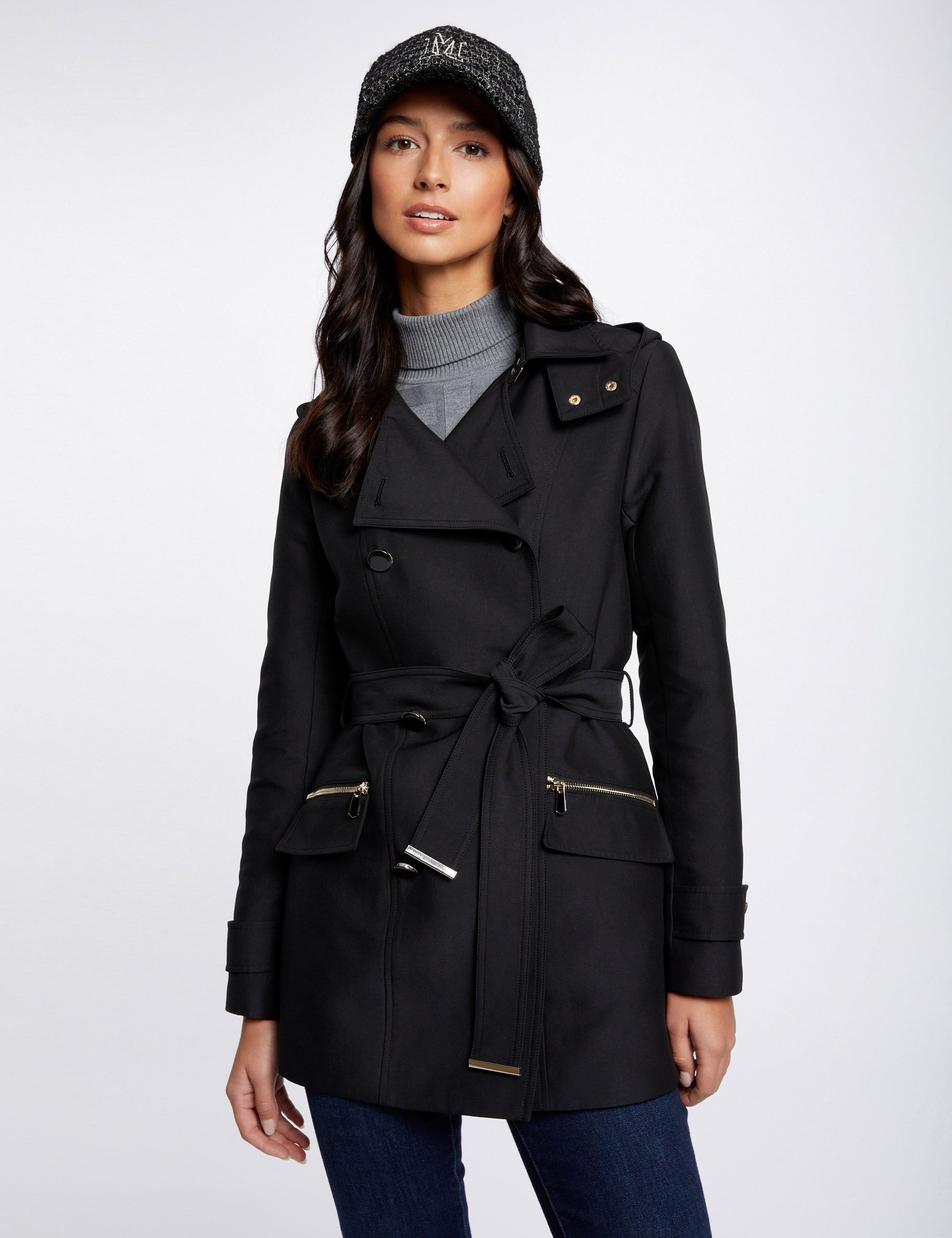 Waisted belted trenchcoat with hood black women