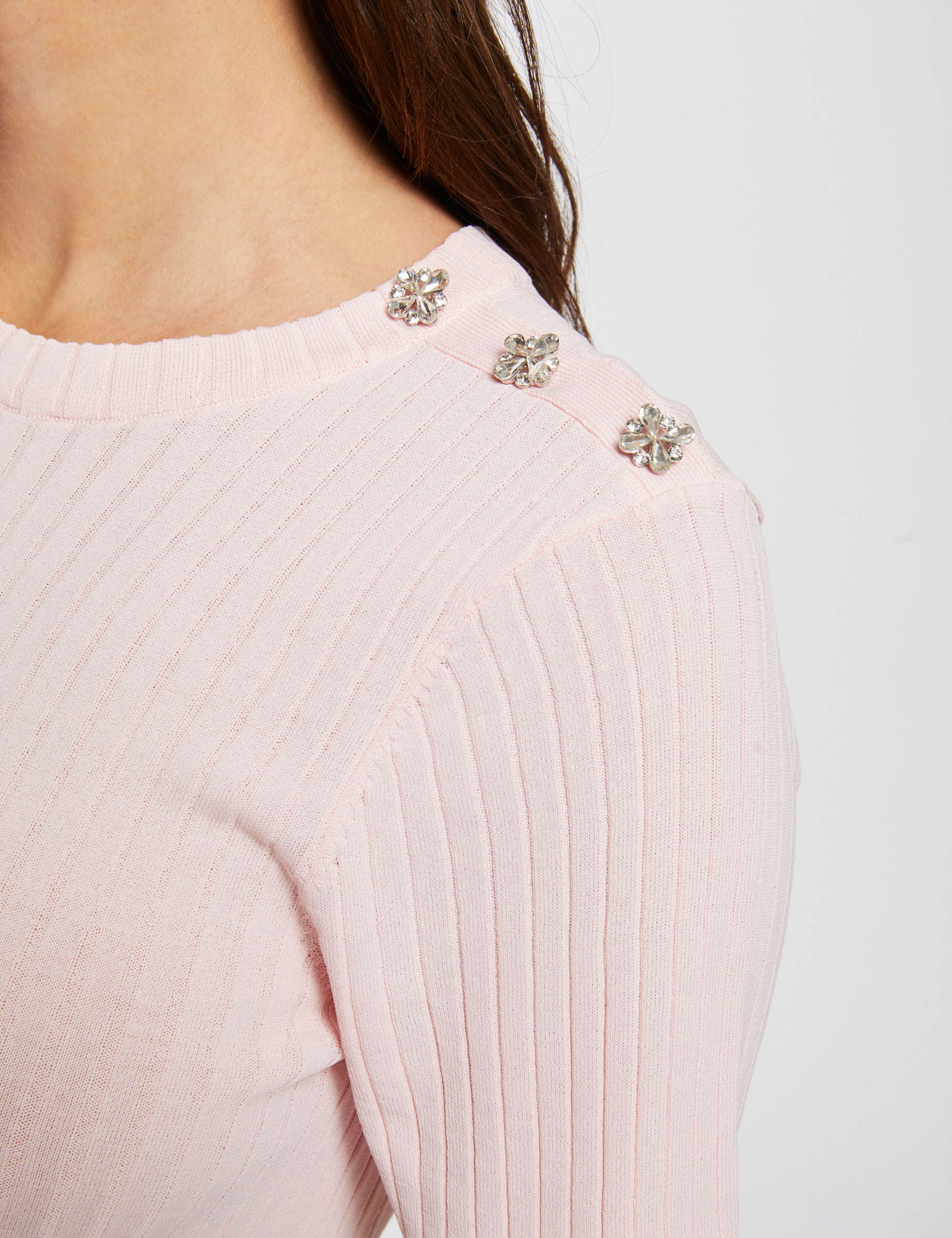 Pull manches courtes côtelé rose pale femme