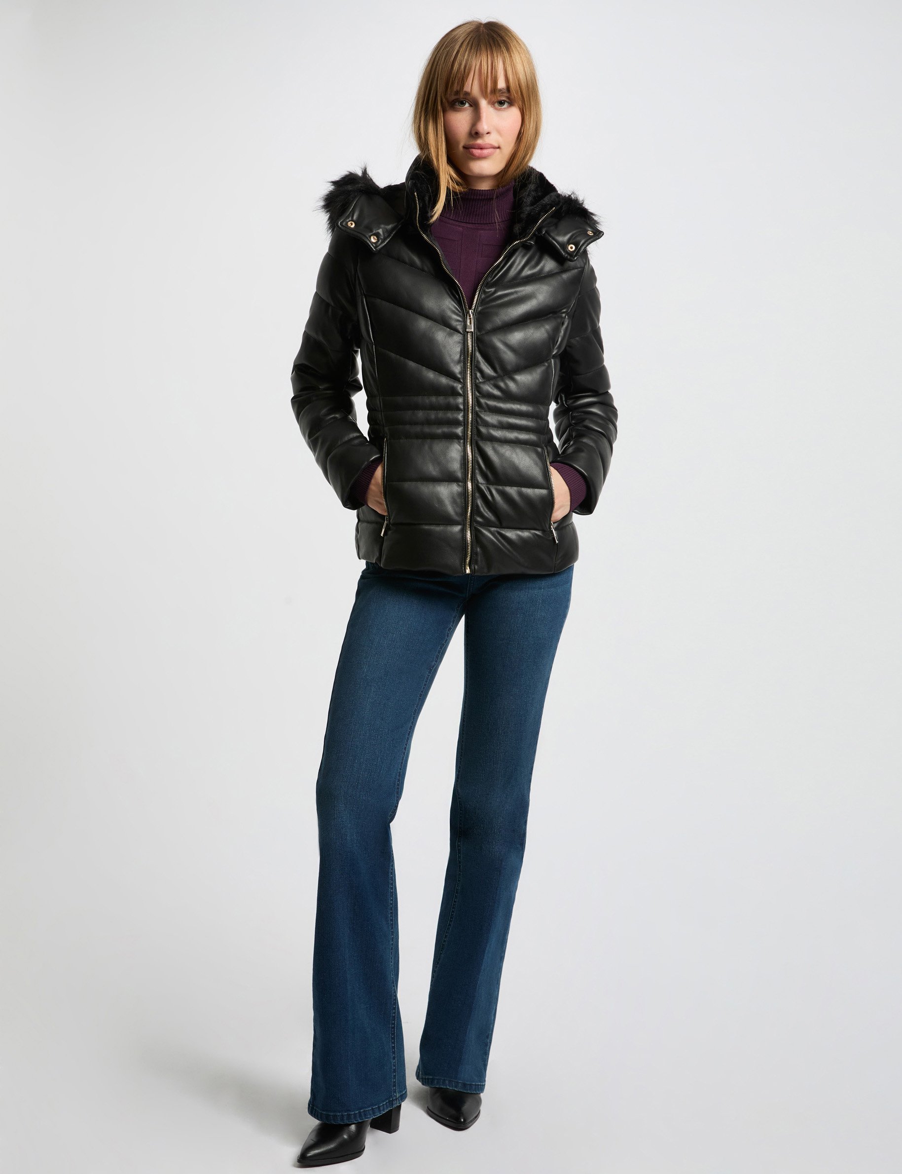 Faux leather padded jacket black women