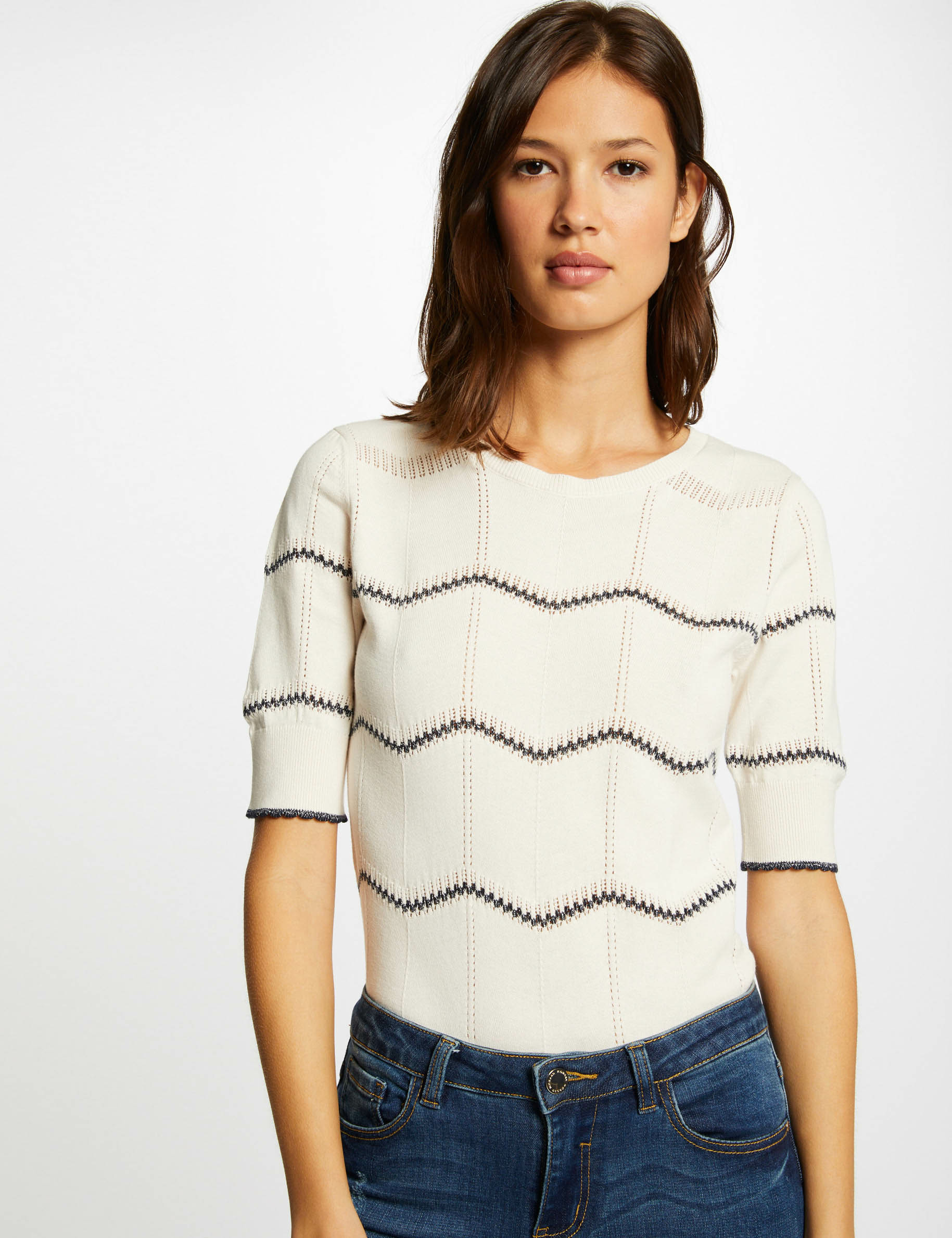 Short-sleeved jumper with stripes ivory women